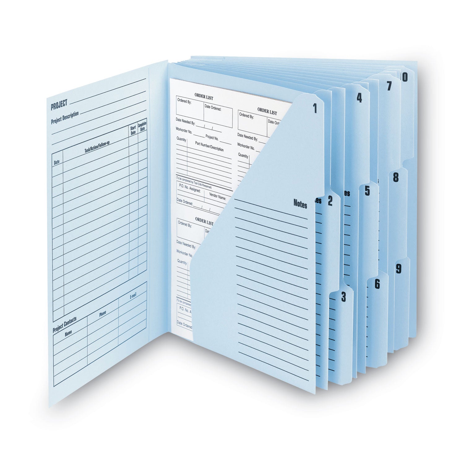 10-Pocket Project Organizer with Indexed Tabs (1-10), 10 Sections, Unpunched, 1/3-Cut Tabs, Letter Size, Lake Blue/Navy Blue