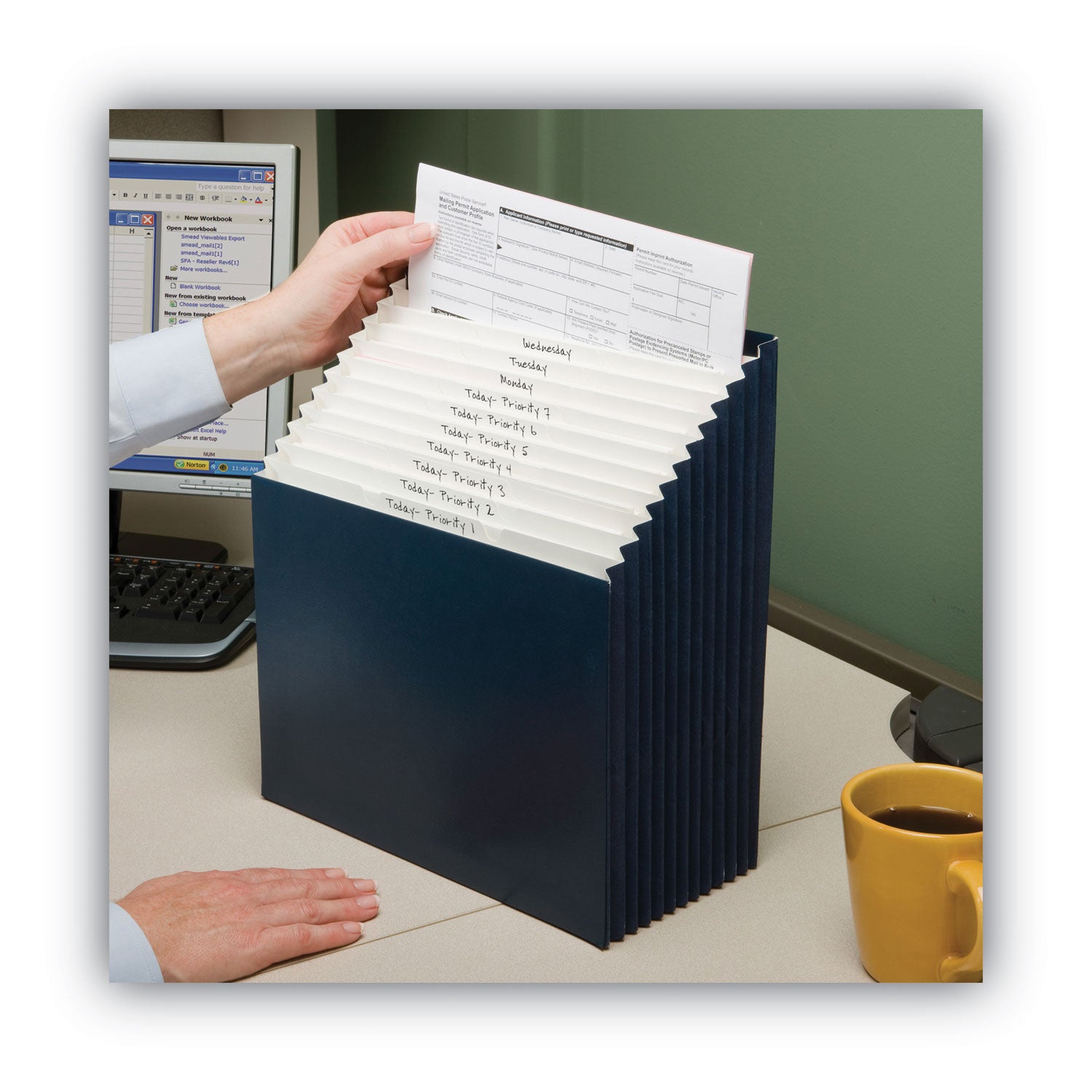Smead 1/3 Tab Cut Letter Recycled Expanding File - 8 1/2" x 11" - 7/8" Expansion - 12 Pocket(s) - Top Tab Location - Assorted Tab Position - 11 Divider(s) - Navy - Tear Resistant - 10% Recycled - 1 Each