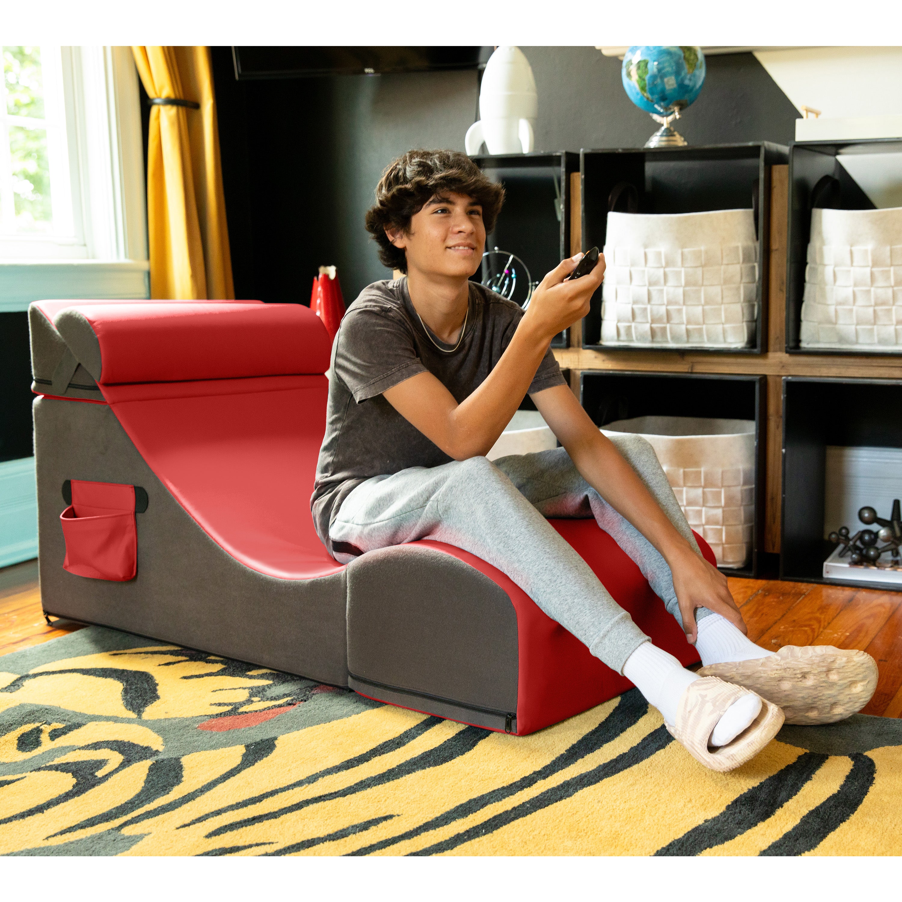 Jaxx Flexx V-Tex Convertible 3 in 1 Gamer Chair, Table, & Ottoman w/ Adjustable Headrest & Pocket - Vinyl Red