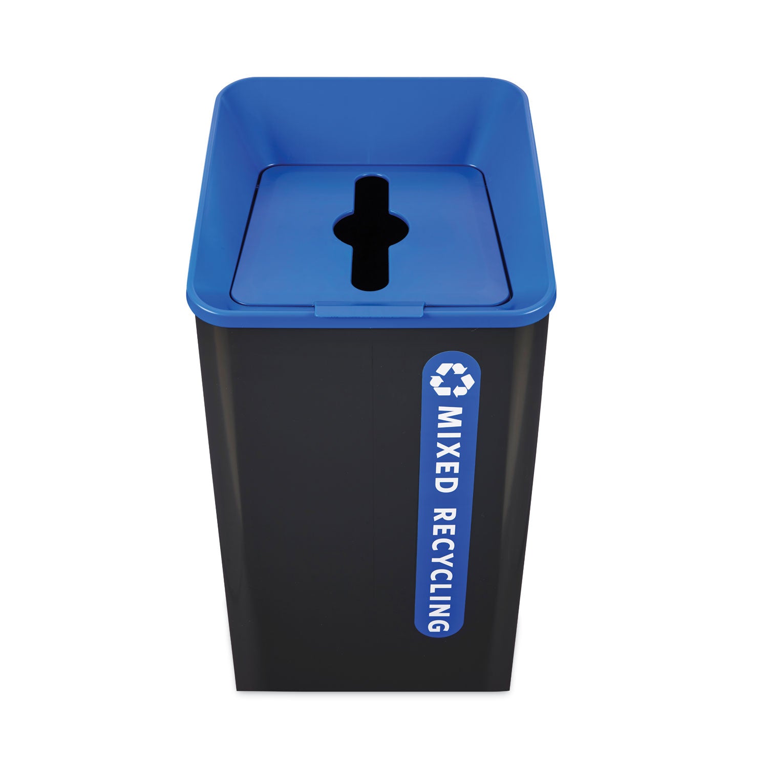Sustain Decorative Refuse with Recycling Lid, 23 gal, Metal/Plastic, Black/Blue