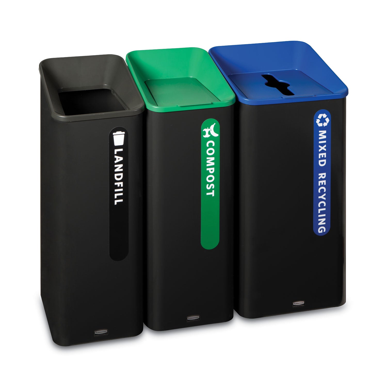 Sustain Decorative Refuse with Recycling Lid, 23 gal, Metal/Plastic, Black/Blue