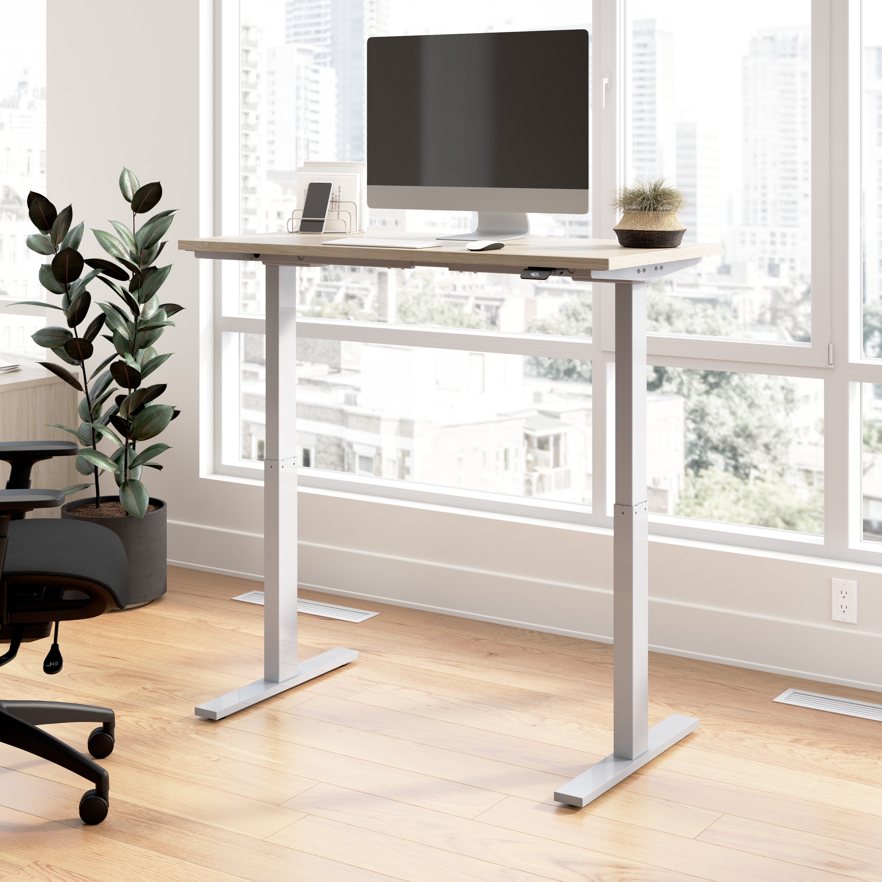 Bush Business Furniture Move 60 Series 48W x 24D Electric Height Adjustable Standing Desk in Natural Elm with Metallic Gray Base - 47.6" Width x 23.62" Depth x 47.69" Height