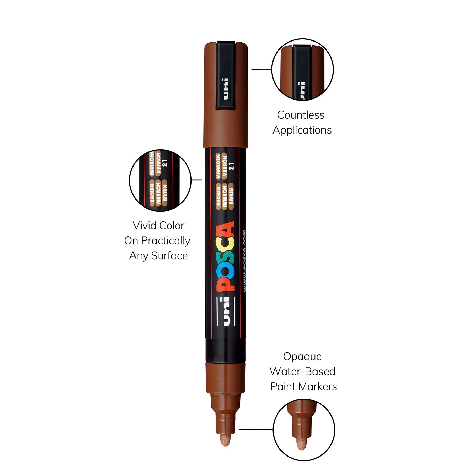 uni® POSCA PC-5M Water-Based Paint Markers, Reversible Medium Tip (1.8-2.5mm), Brown
