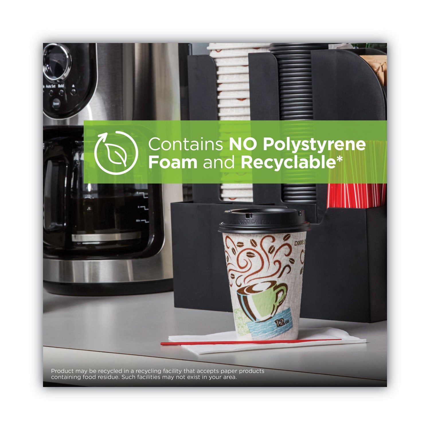 PerfecTouch Paper Hot Cups and Lids Combo, 10 oz, Coffee Haze Design, 50/Pack, 6 Packs/Carton