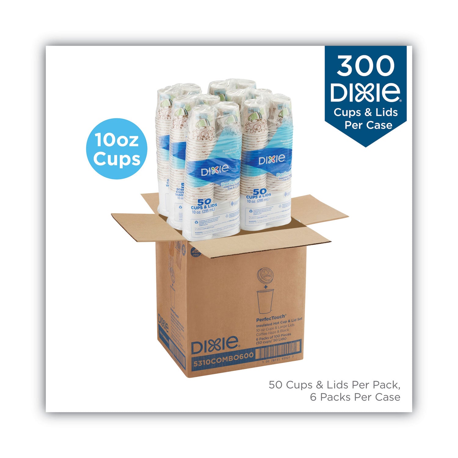 PerfecTouch Paper Hot Cups and Lids Combo, 10 oz, Coffee Haze Design, 50/Pack, 6 Packs/Carton