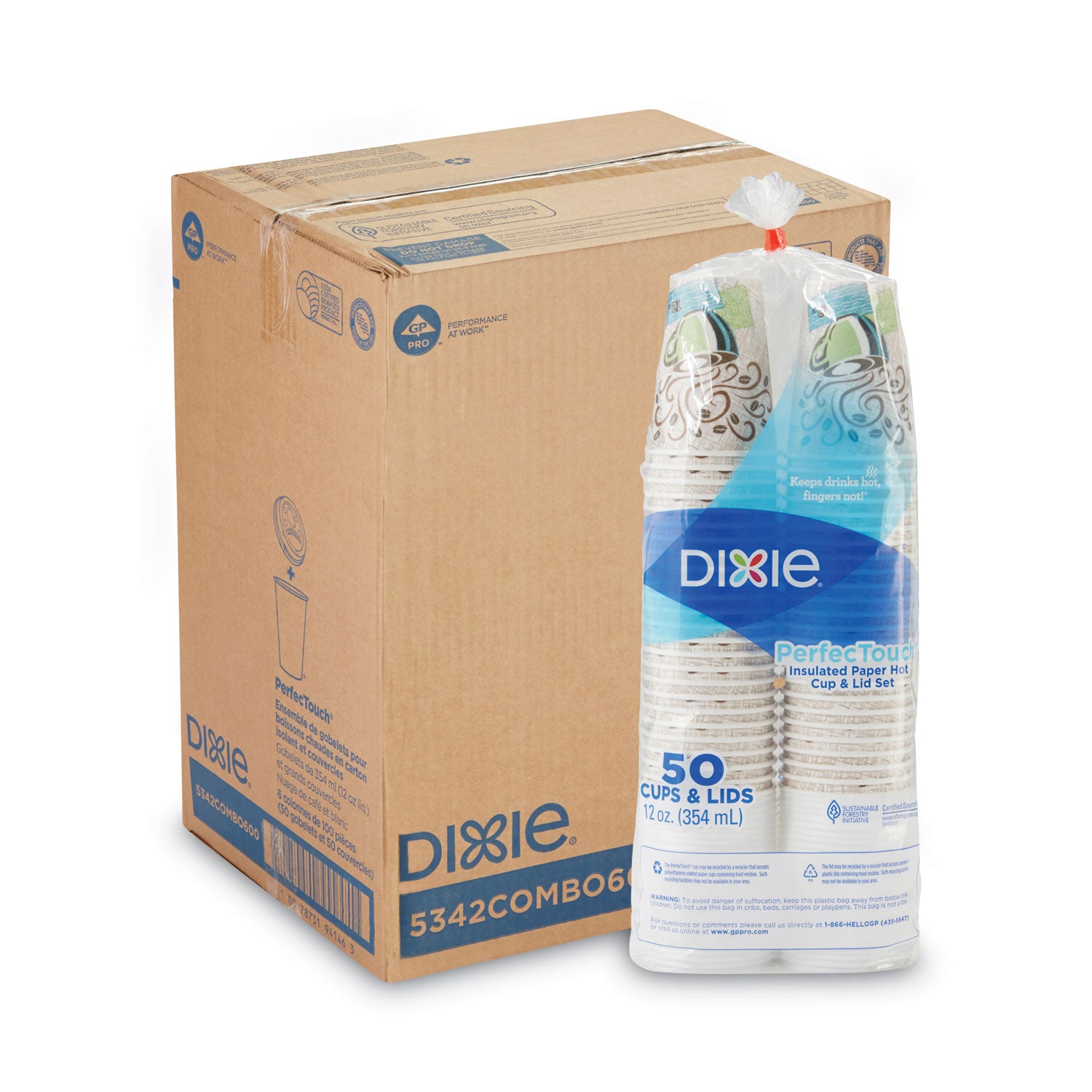 Dixie PerfecTouch 12 oz Hot Coffee Cup and Lid Sets by GP Pro - 12 fl oz - White - Paper - Hot Drink, Coffee, Beverage - 50/Pack - 6 / Carton