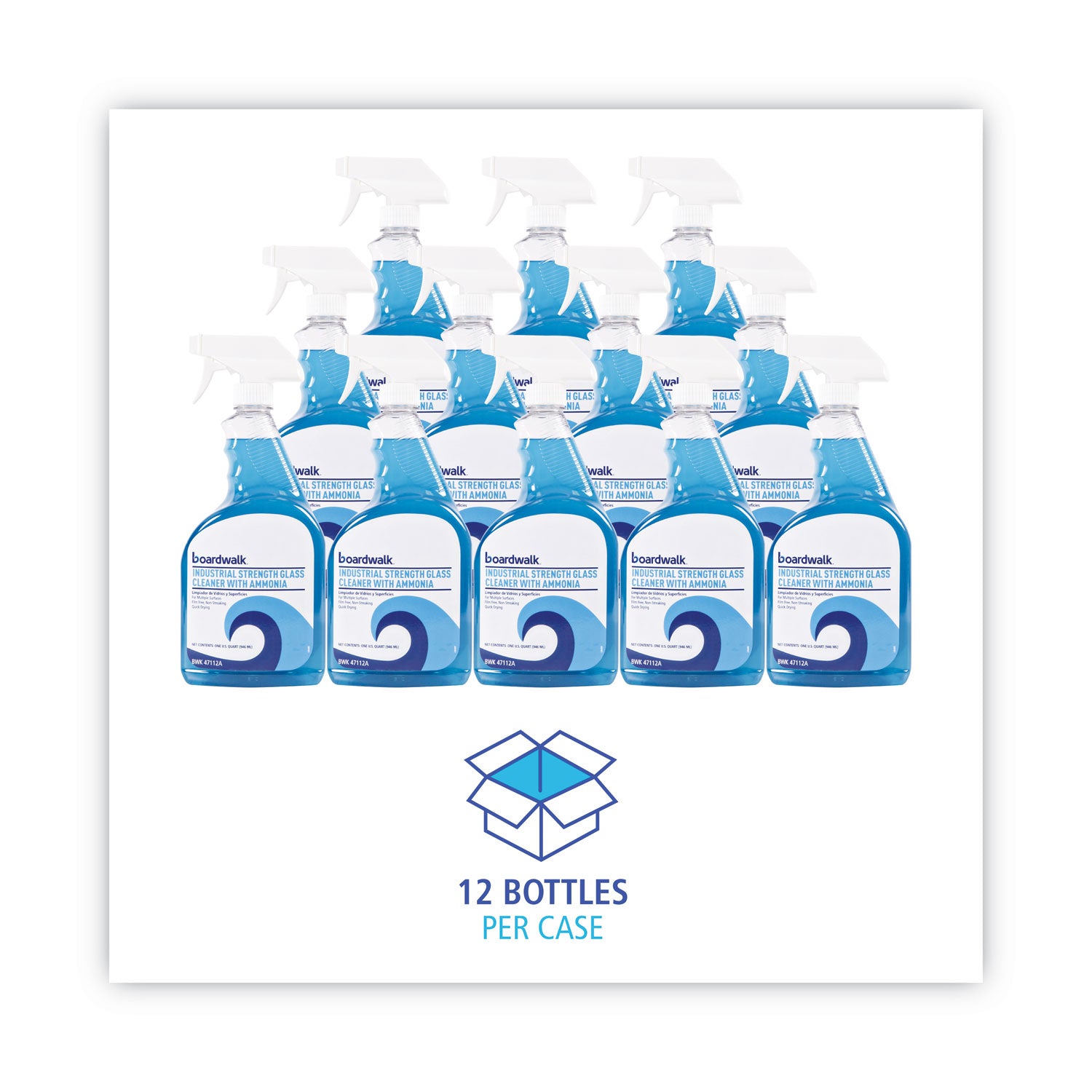 Industrial Strength Glass Cleaner with Ammonia, Unscented, 32 oz Trigger Spray Bottle, 12/Carton