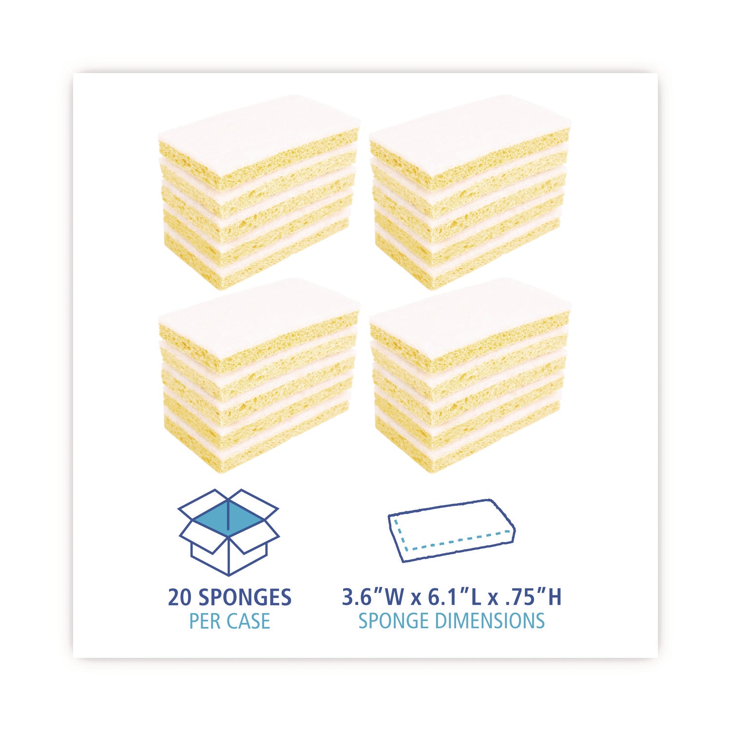 Light-Duty Scrubbing Sponge, Individually Wrapped, 3.6 x 6.1, 0.7" Thick, Yellow/White, 20/Carton