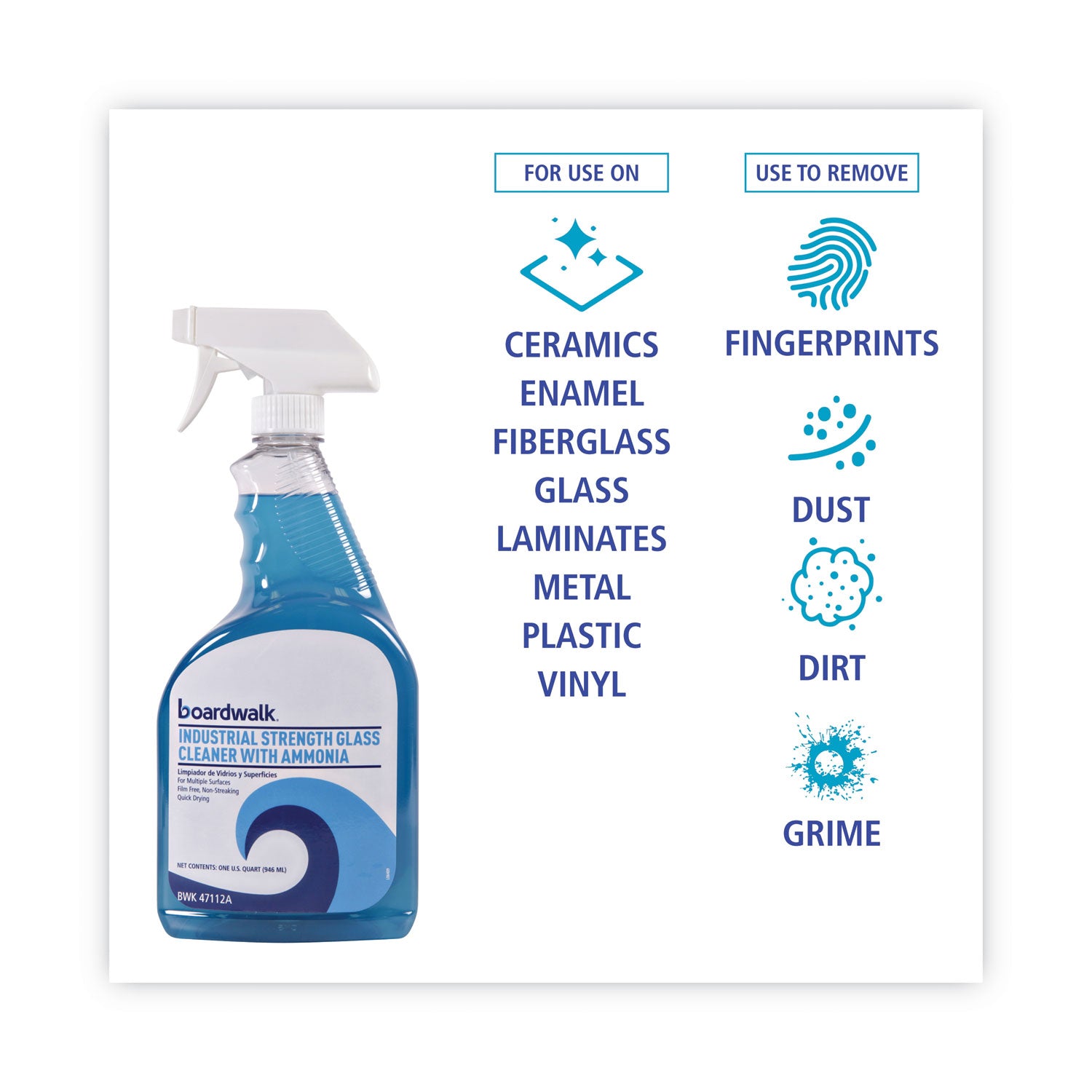 Industrial Strength Glass Cleaner with Ammonia, Unscented, 32 oz Trigger Spray Bottle, 12/Carton