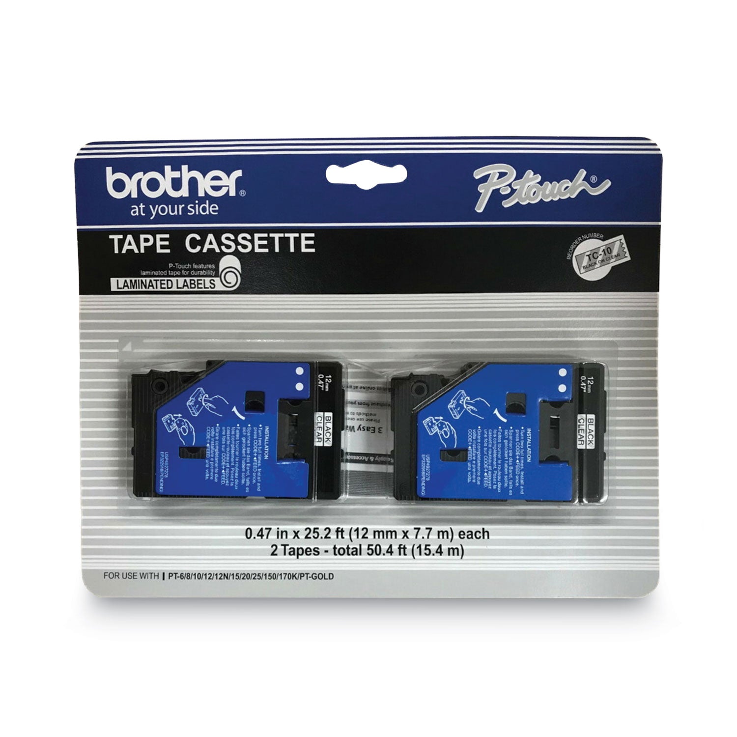 P-touch TC Laminated Tape Cartridges - x 1/2" Width x 25" Length - Direct Thermal - Clear - Water Resistant - Laminated - Grease Resistant - 2 / Pack