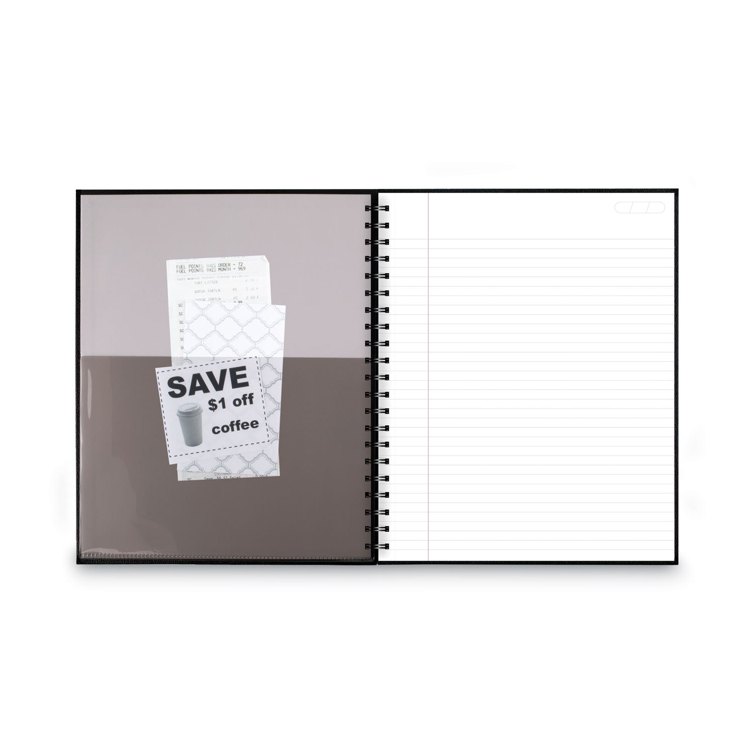 96 Sheets - Wire Bound - 0.28" Ruled - 20 lb Basis Weight - Letter - 8 1/2" x 11" Sheet Size - White Paper - Black Linen Cover - Pocket, Tab, Bond Paper, Perforated, Bleed-free - 1 Each