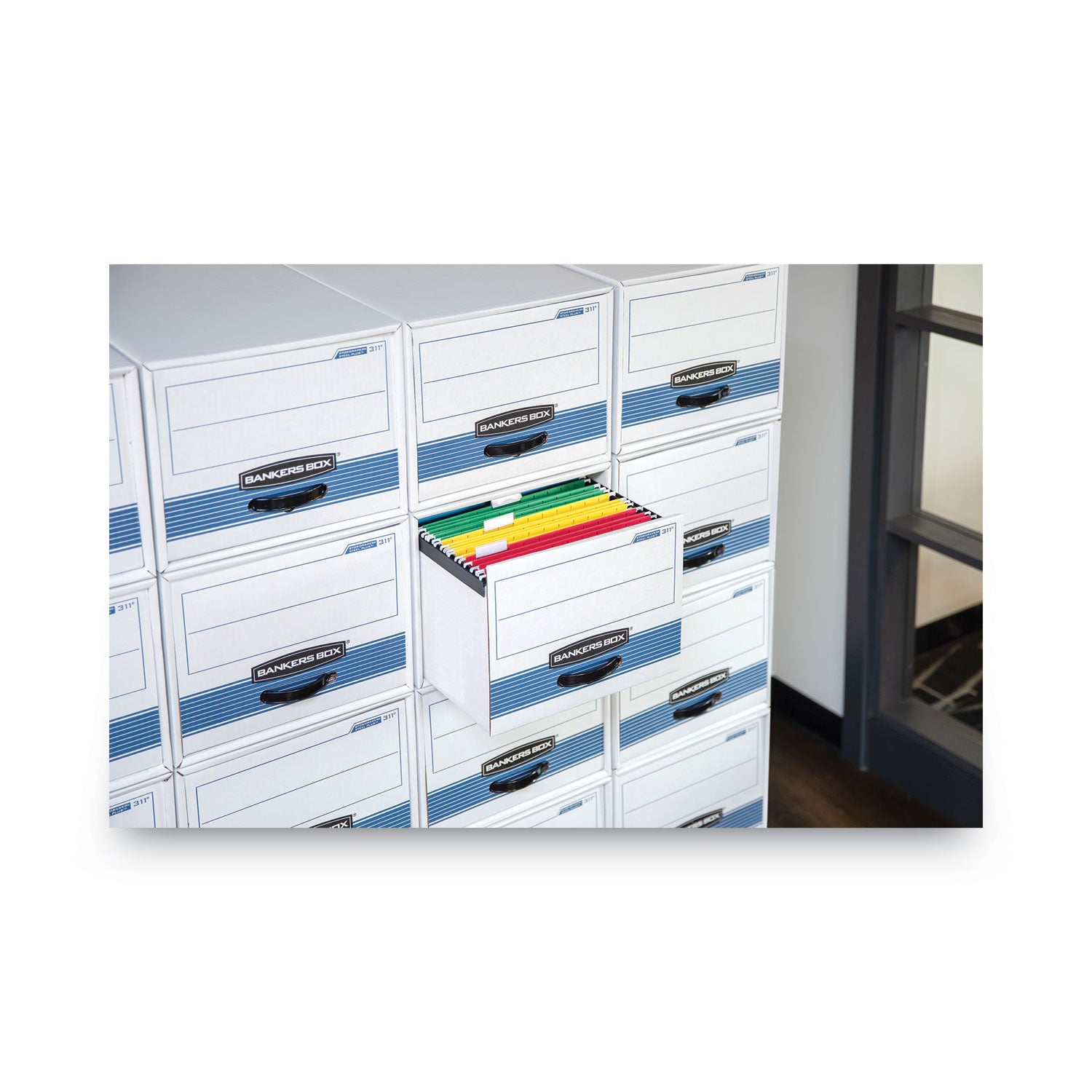 Internal Dimensions: 9.25" Width x 23.25" Depth x 4.38" Height - External Dimensions: 10.5" Width x 25.2" Depth x 5.3" Height - Medium Duty - Stackable - Steel, Plastic - White, Blue - For File - Recycled - 12 / Carton