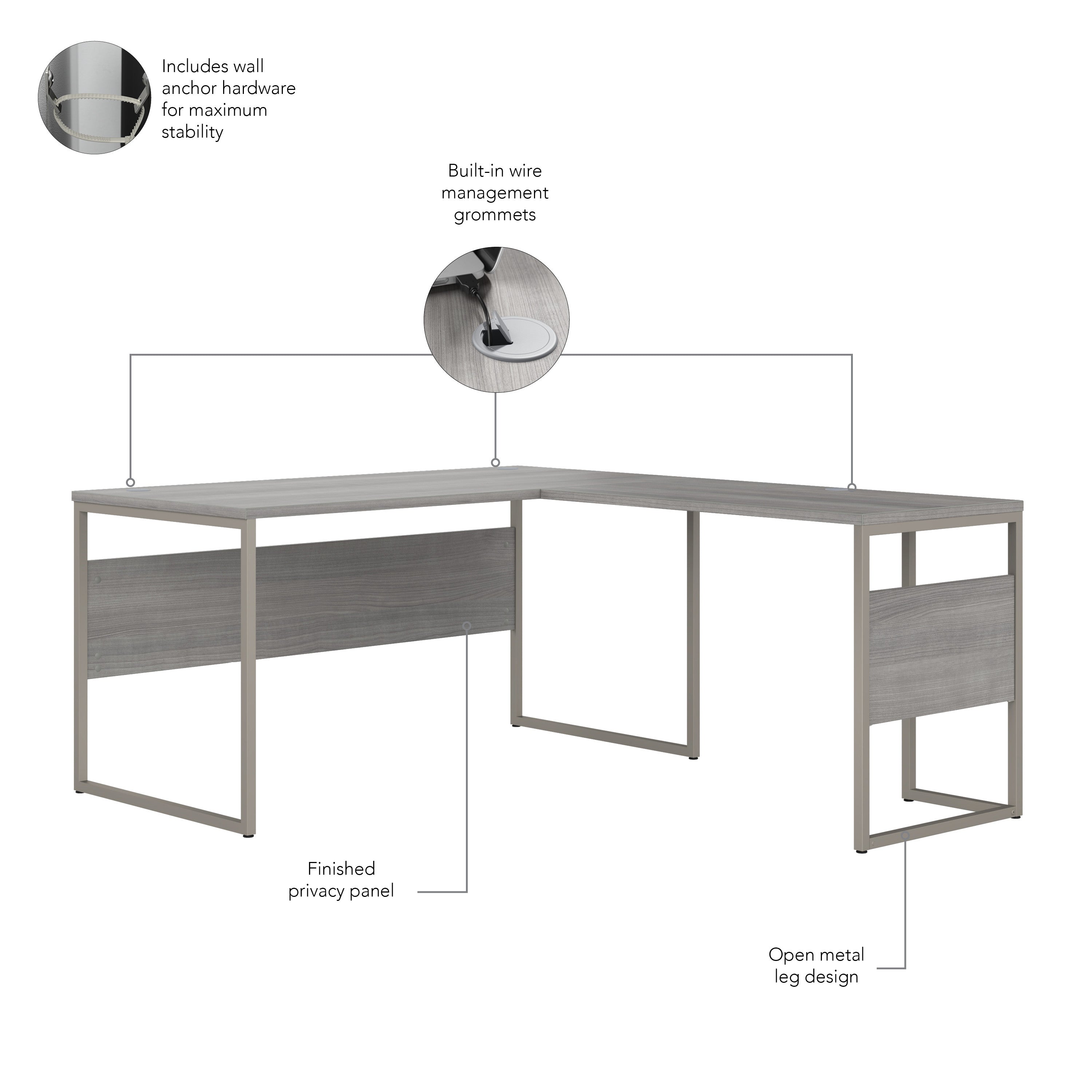 Bush Business Furniture Hybrid 60W x 30D L Shaped Table Desk with Metal Legs in Platinum Gray - 59.45" Width x 71.34" Depth x 29.91" Height