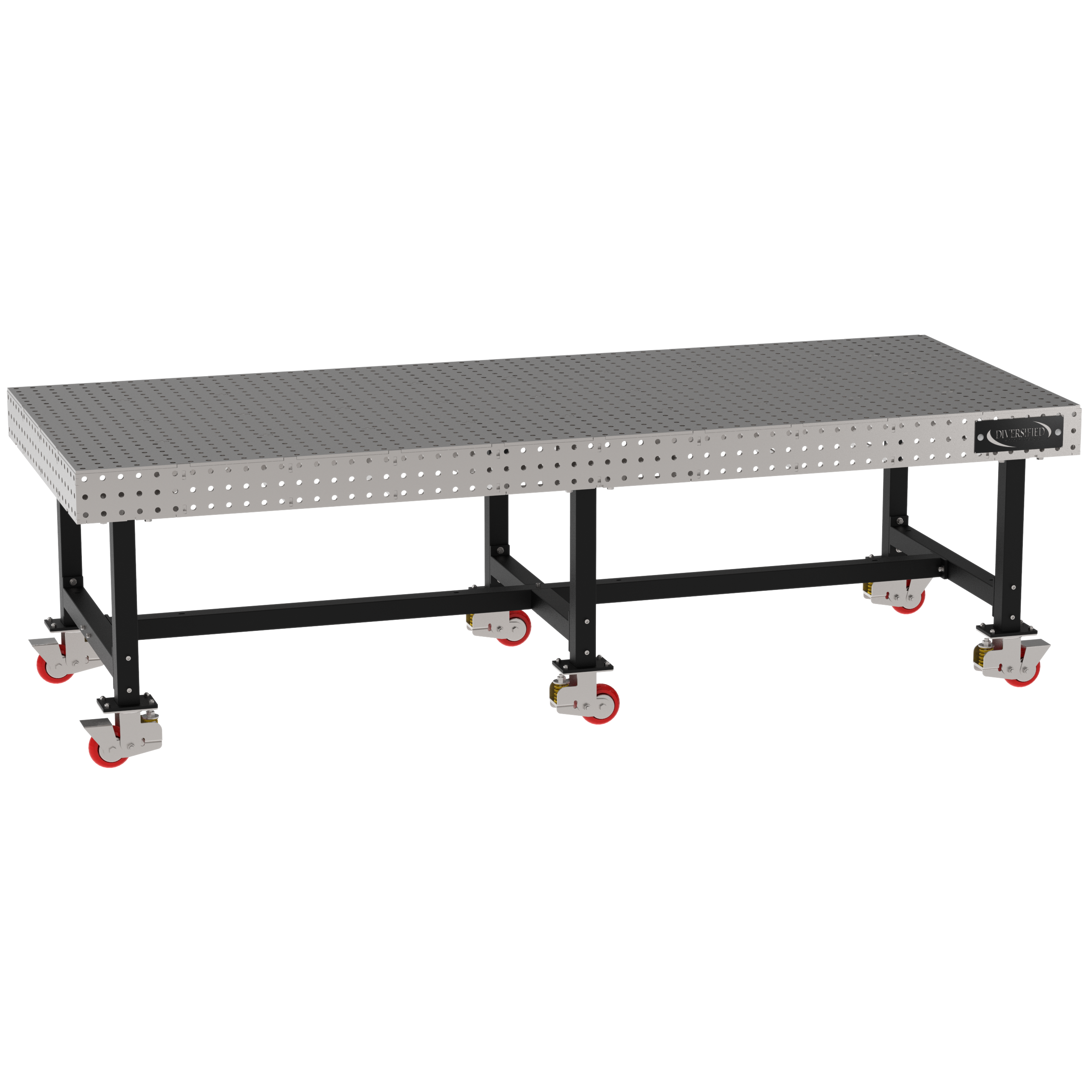 Welding Fixture Table, Fixed Height, 36"H x 120"L x 48"D, 1/4" Carbon Steel Top, Six Black Powdercoat Legs, 6 Heavy Duty Suspension Casters (4 Locking/Swiveling Casters and 2 Non-Locking/Non-SwivelingCasters)