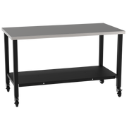 Fabrication Prep Table Fixed Height 36"H X 60"W X 30"D  Carbon Steel Top, Four Leg Frame, Powder Coated Black, Lower Shelf Powder Coated Black, Swivel Locking Casters(Caster need to be assembled.)