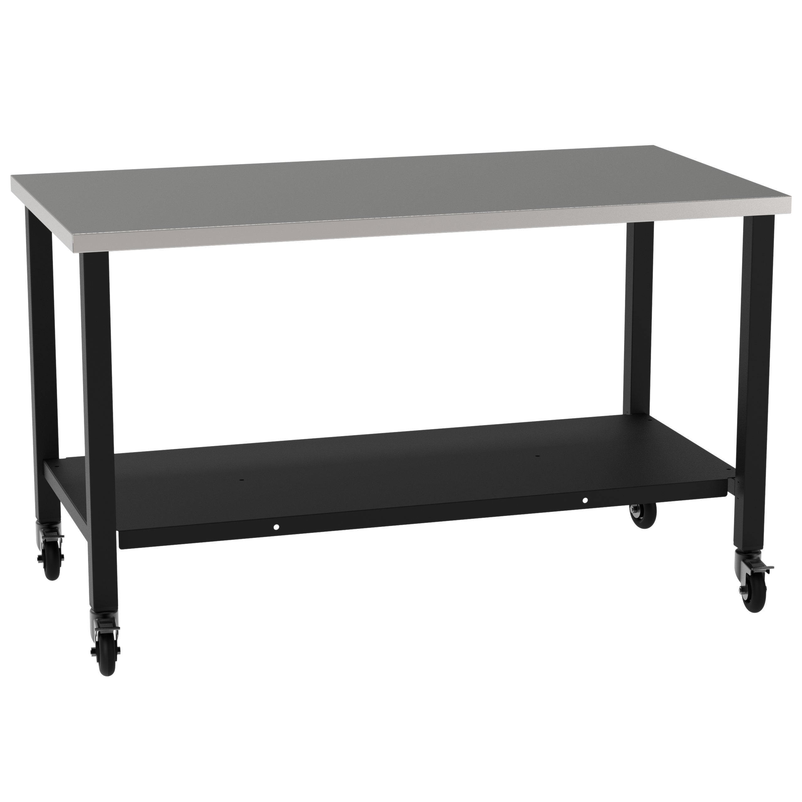 Fabrication Prep Table Fixed Height 36"H X 60"W X 30"D  Carbon Steel Top, Four Leg Frame, Powder Coated Black, Lower Shelf Powder Coated Black, Swivel Locking Casters(Caster need to be assembled.)