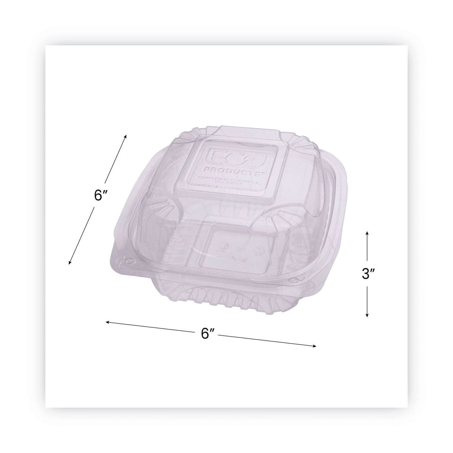 Renewable and Compostable Clear Clamshell Hinged Food Containers, 6 x 6 x 3, Plastic, 80/Pack, 3 Packs/Carton