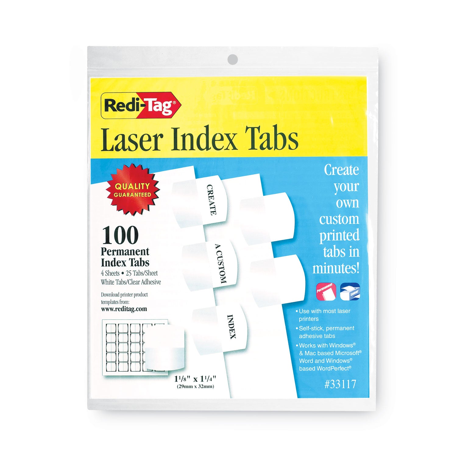 100 Blank Tab(s) - 1.25" Tab Height x 1.12" Tab Width - Self-adhesive, Permanent - White Tab(s) - Non-toxic - 100 / Pack