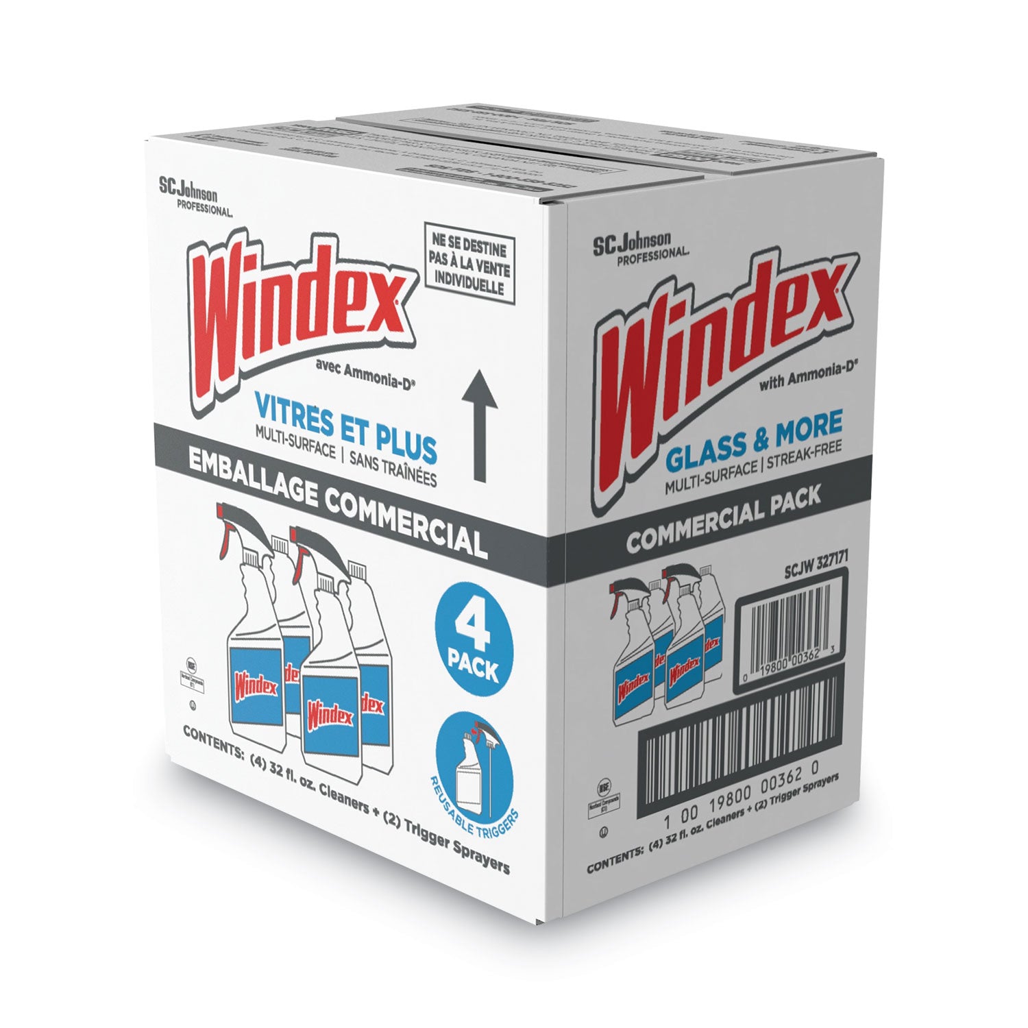Windex Glass & More Streak-Free Cleaner, Fresh Scent, 32 fl oz Blue Bottle, 4 Bottles per Carton