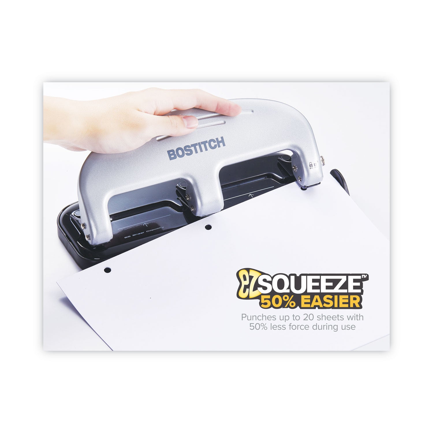 20-Sheet Ez Squeeze Three-Hole Punch, 9/32" Holes, Black/silver