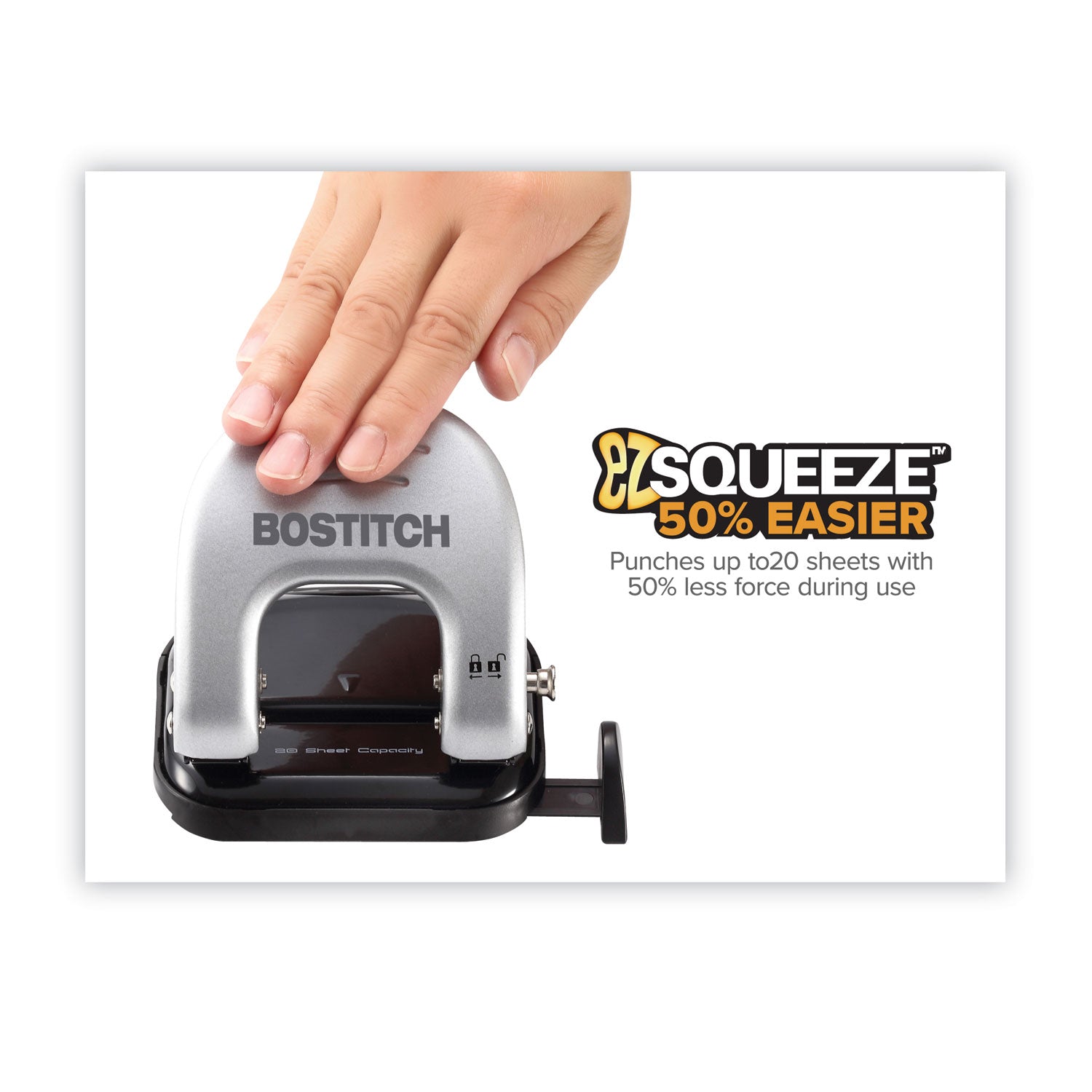 20-Sheet Ez Squeeze Two-Hole Punch, 9/32" Holes, Black/silver