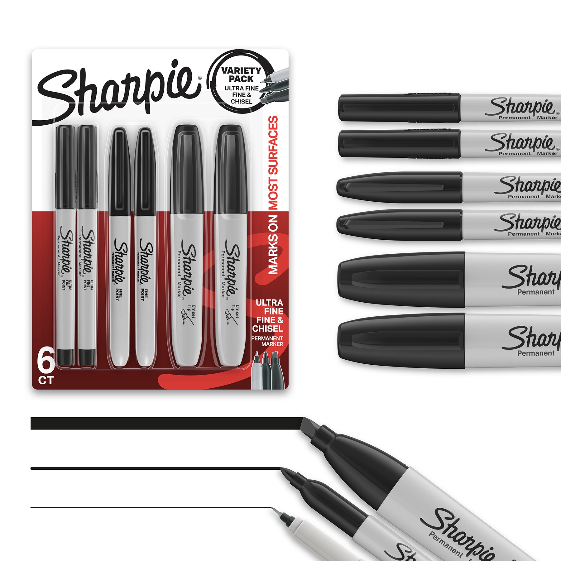 Permanent Markers Variety Pack, Fine, Ultra-Fine, & Chisel-Point Markers, Black, 6 Count