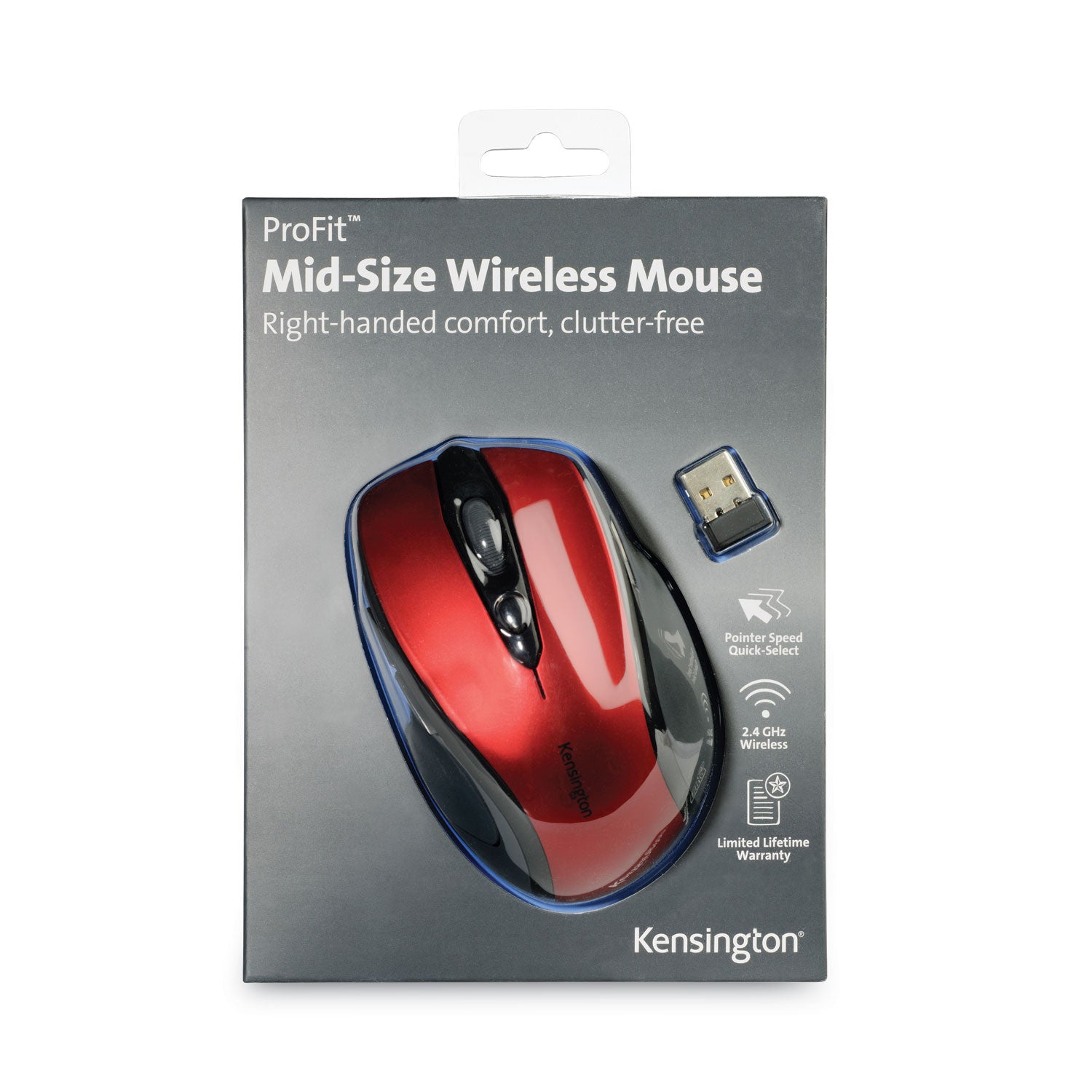 Kensington Pro Fit Mid-Size Wireless Mouse - Optical - Wireless - Radio Frequency - 2.40 GHz - Ruby Red - USB - 1750 dpi - Scroll Wheel - 3 Button(s) - Right-handed - 1 Each