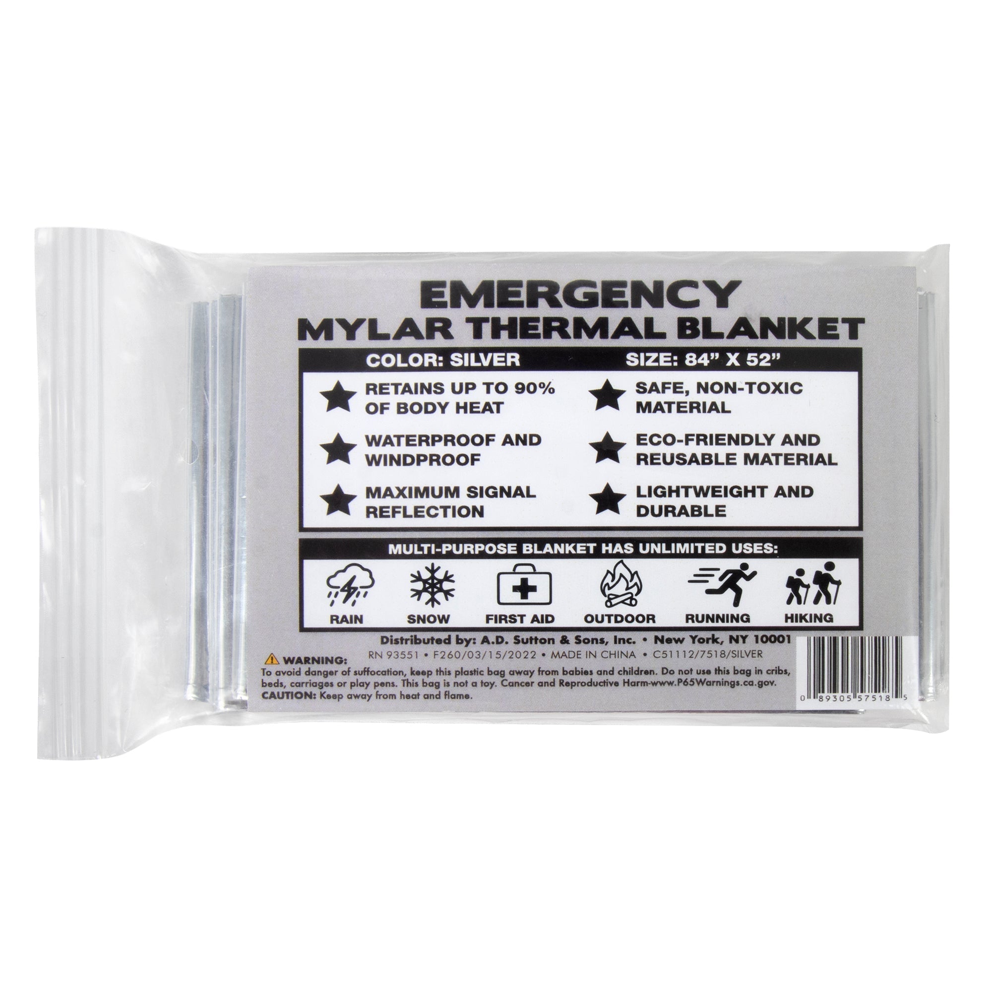 Mylar Emergency Thermal Space Blanket 84" x 52" - 100 in the Pack