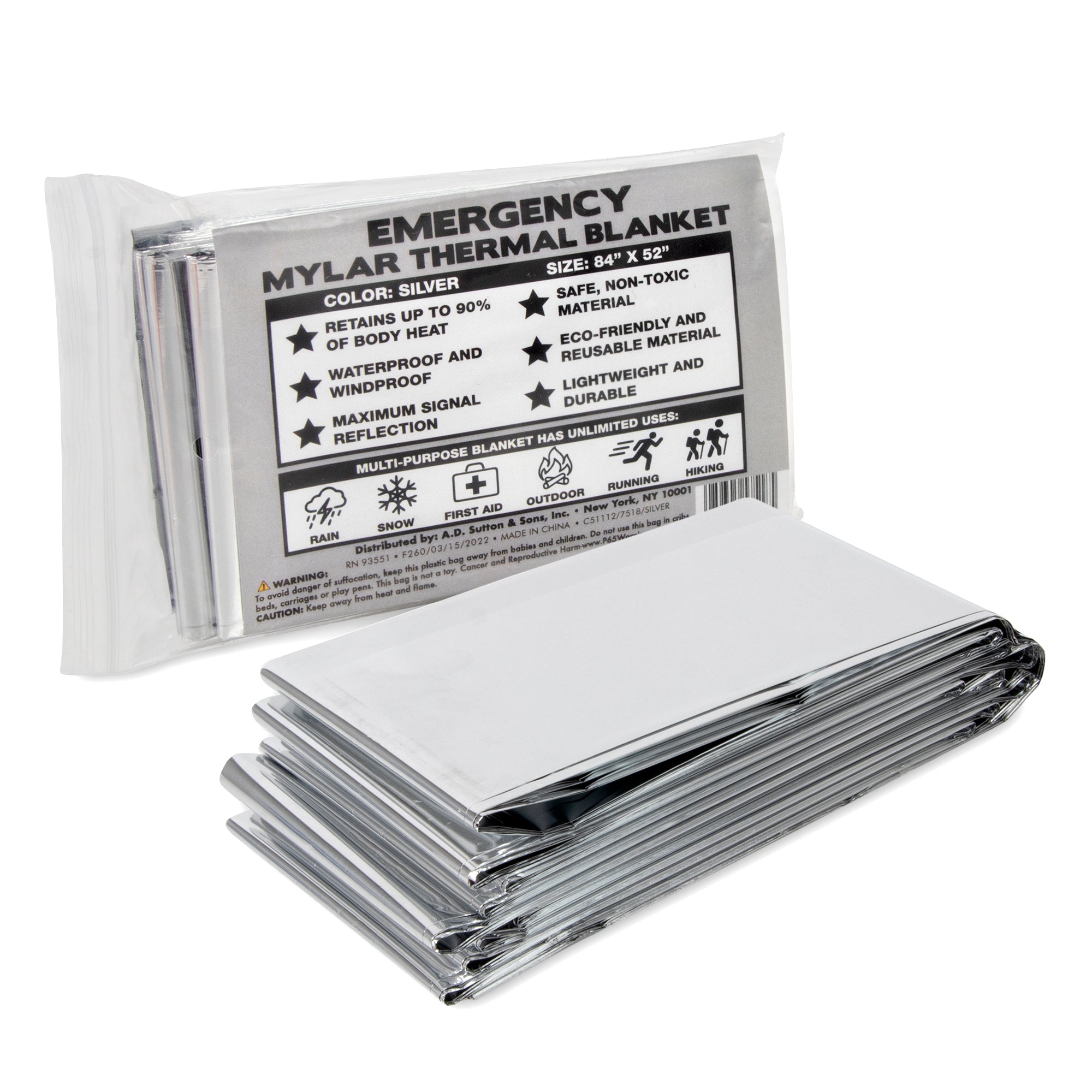 Mylar Emergency Thermal Space Blanket 84" x 52" - 100 in the Pack