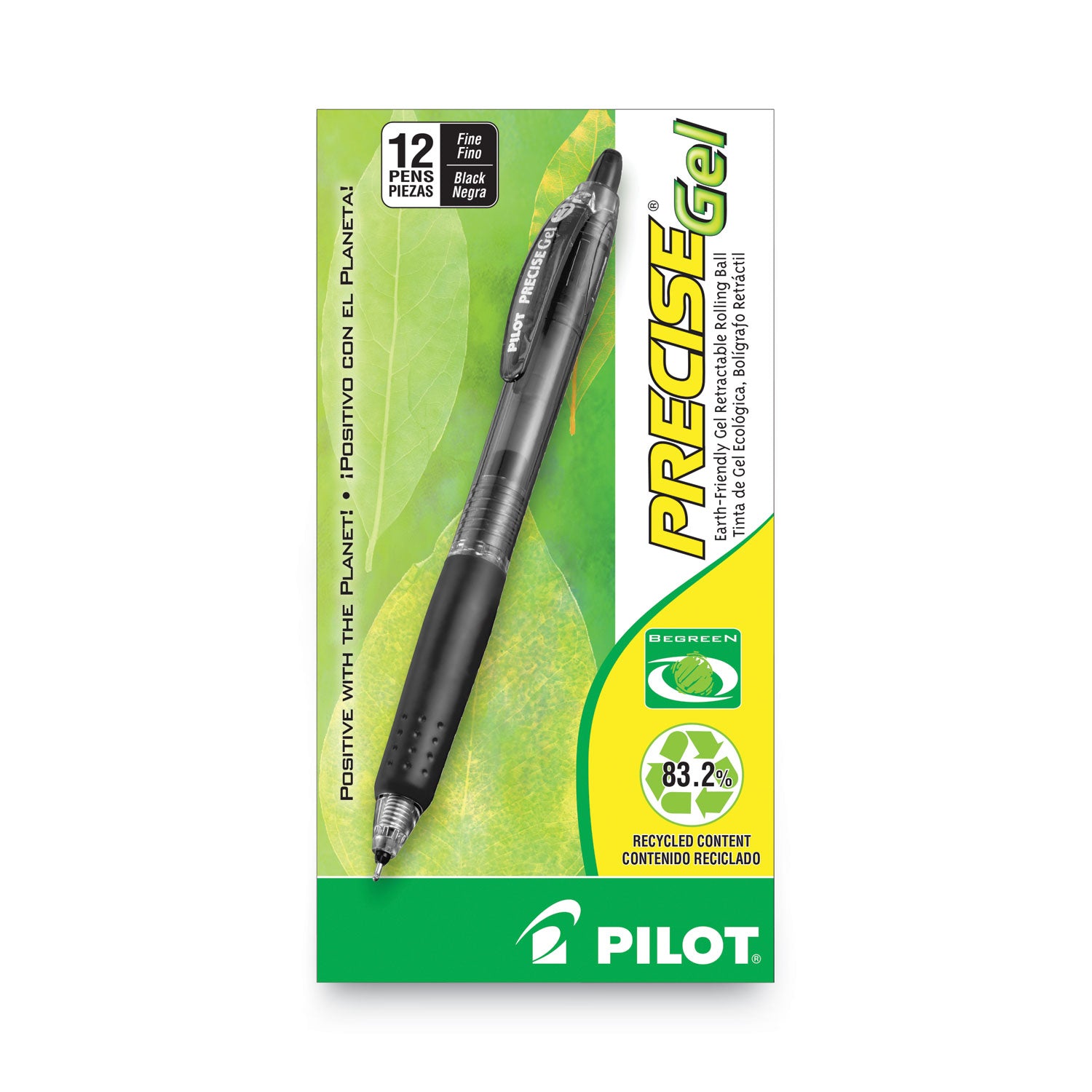 Pilot Precise Gel Fine Retractable BeGreen Pens - 0.7 mm Fine Needle Pen Point - Refillable - Retractable - Black Ink - Gel-based - Translucent Barrel - 1 Dozen