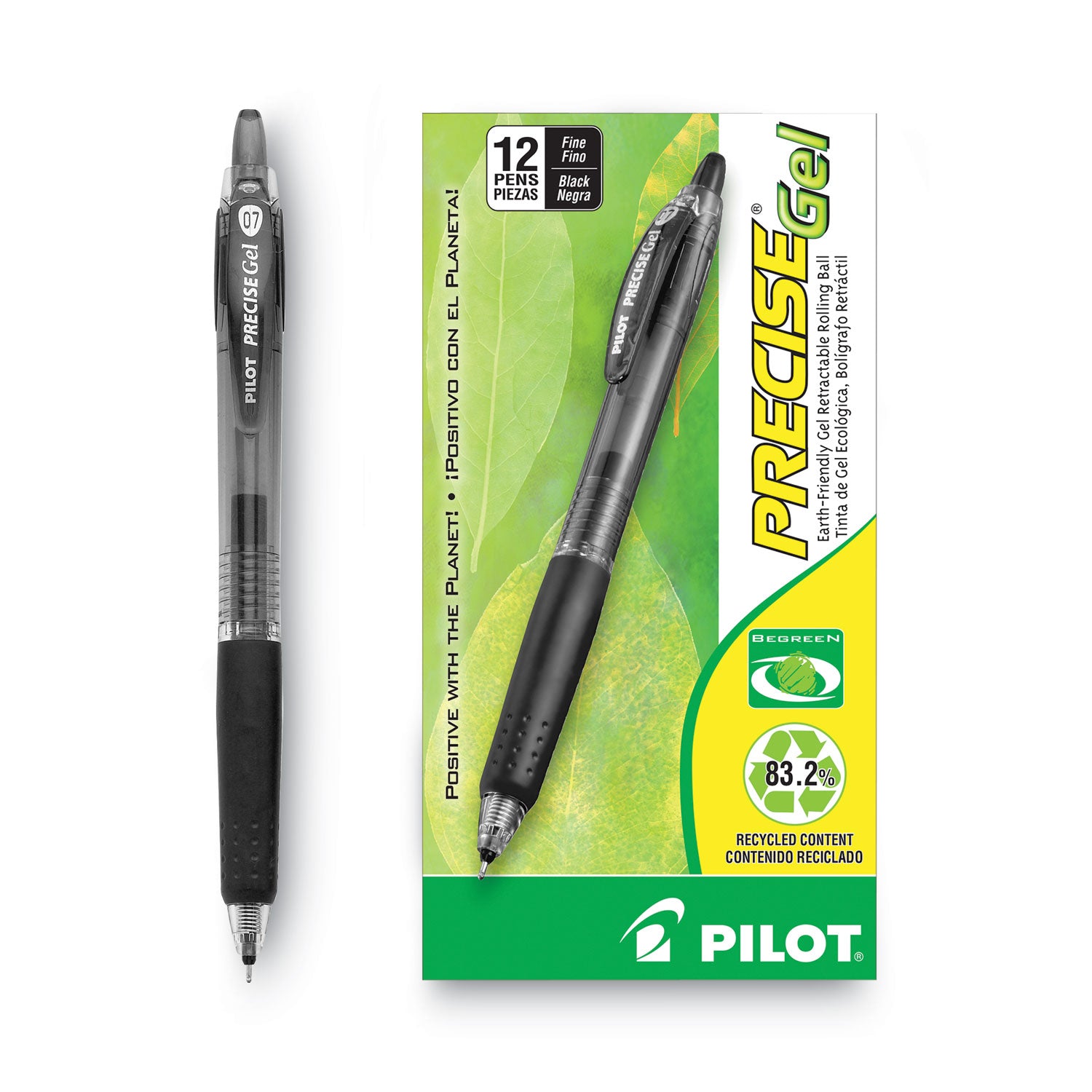 Pilot Precise Gel Fine Retractable BeGreen Pens - 0.7 mm Fine Needle Pen Point - Refillable - Retractable - Black Ink - Gel-based - Translucent Barrel - 1 Dozen