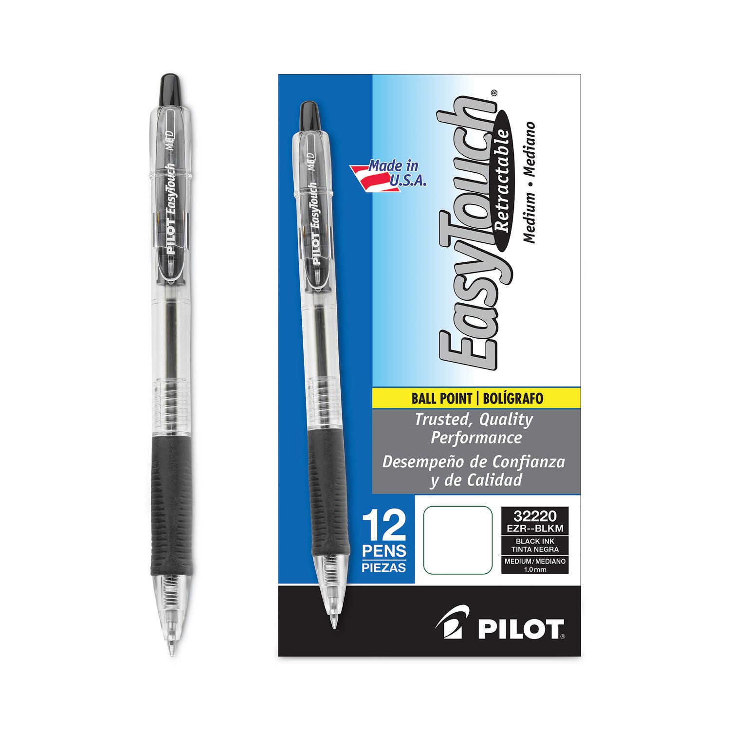 Pilot Retractable Ballpoint Pens - 1 mm Medium Pen Point - Refillable - Retractable - Black Ink - Clear Barrel - 1 Dozen