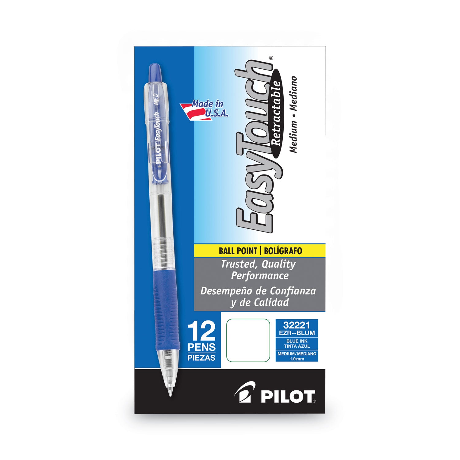 Pilot Retractable Ballpoint Pens - 1 mm Medium Pen Point - Refillable - Retractable - Blue Ink - Clear Barrel - 1 Dozen