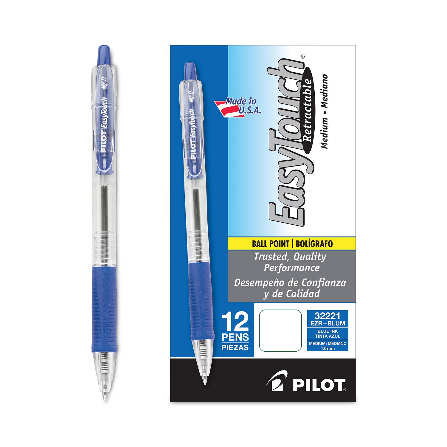 Pilot Retractable Ballpoint Pens - 1 mm Medium Pen Point - Refillable - Retractable - Blue Ink - Clear Barrel - 1 Dozen