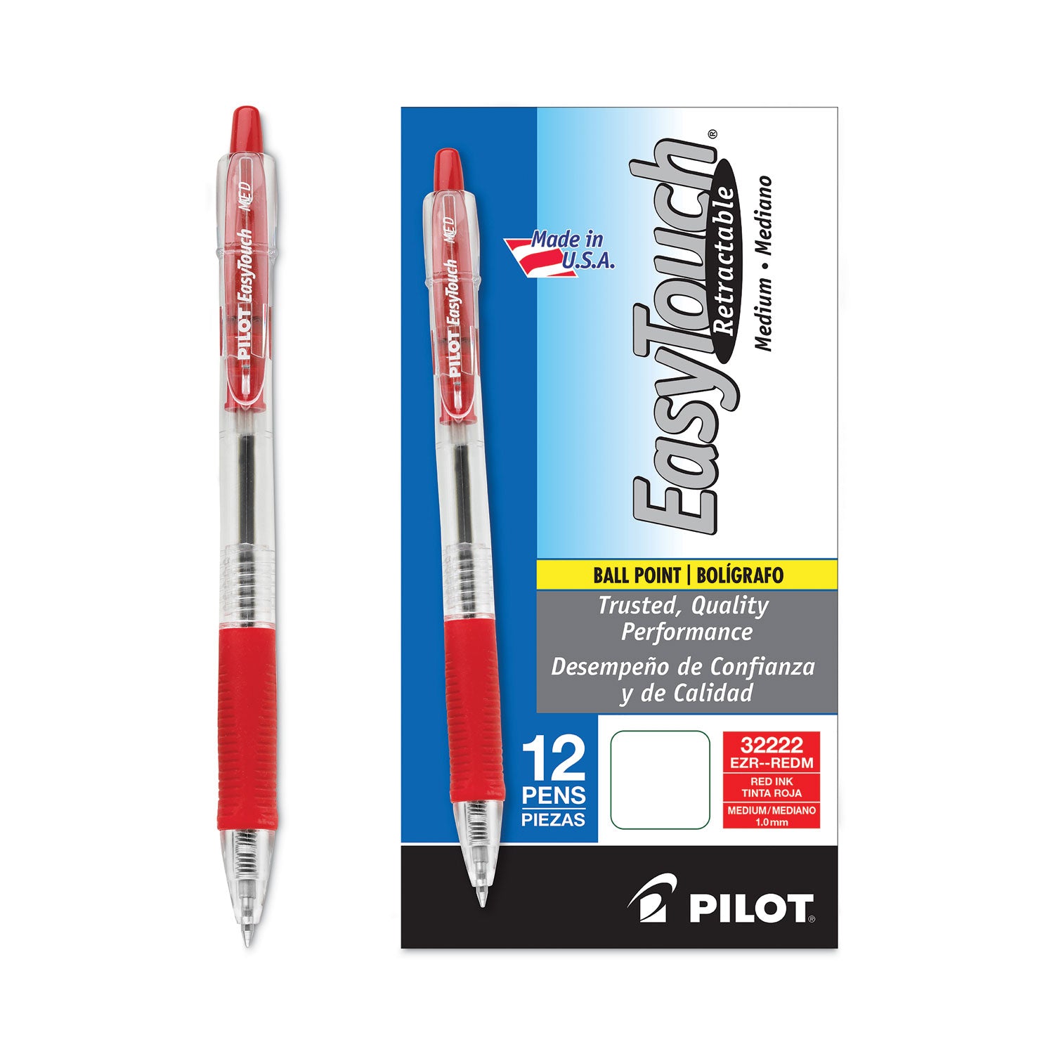 Pilot Retractable Ballpoint Pens - 1 mm Medium Pen Point - Refillable - Retractable - Red Ink - Clear Barrel - 1 Dozen