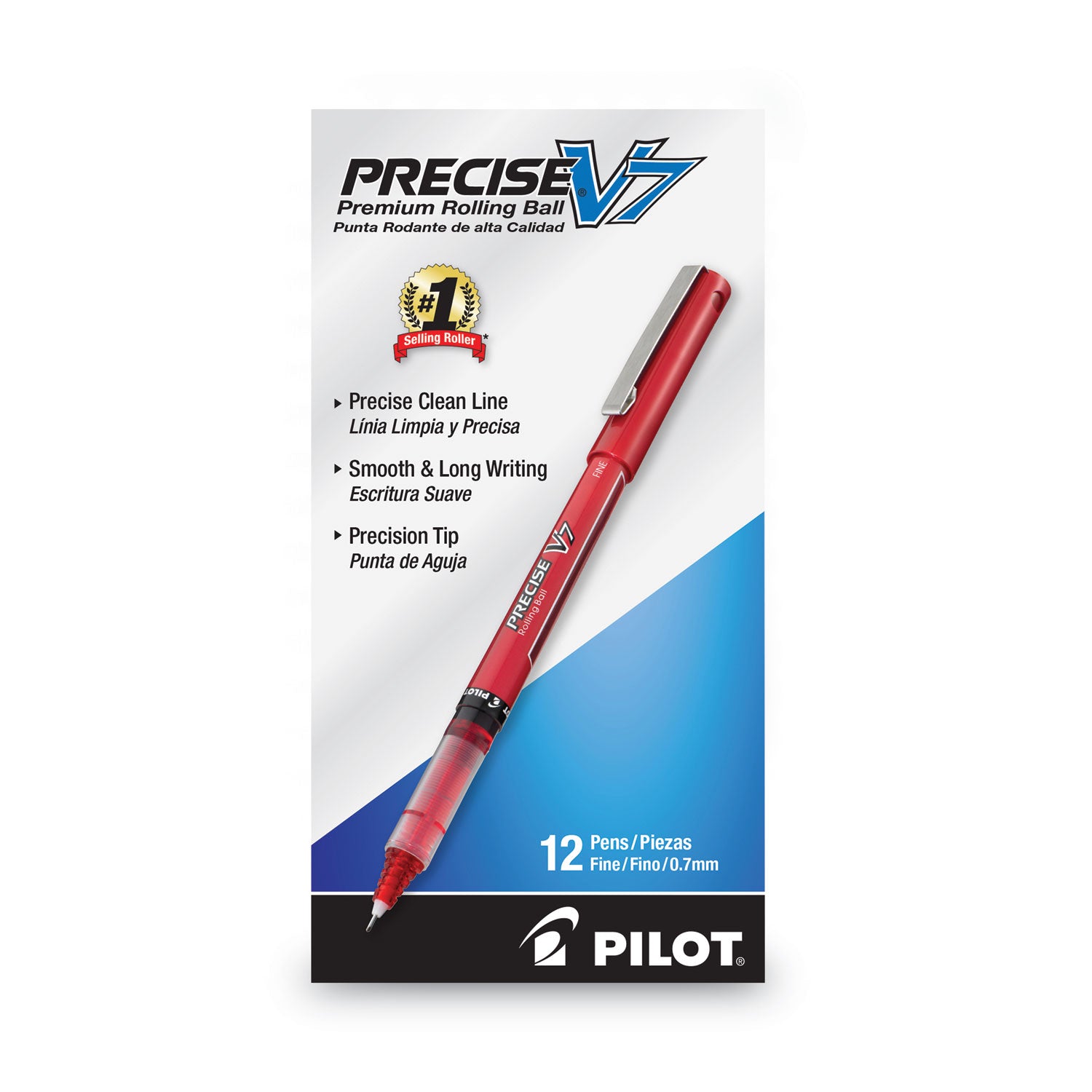 Pilot Precise V7 Fine Premium Capped Rolling Ball Pens - 0.7 mm Fine Pen Point - Red Ink - Red Plastic Barrel - 1 Dozen