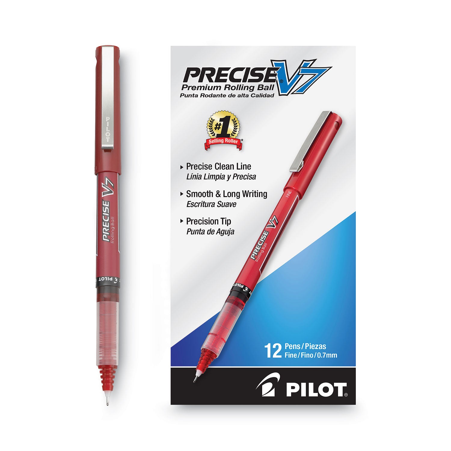Pilot Precise V7 Fine Premium Capped Rolling Ball Pens - 0.7 mm Fine Pen Point - Red Ink - Red Plastic Barrel - 1 Dozen