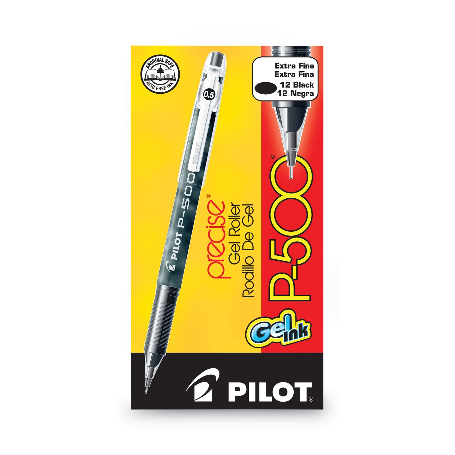 Pilot Precise P-500 Precision Point Extra-Fine Capped Gel Rolling Ball Pens - 0.5 mm Extra Fine Needle Pen Point - Black Ink - Gel-based - Black Barrel - 1 Dozen