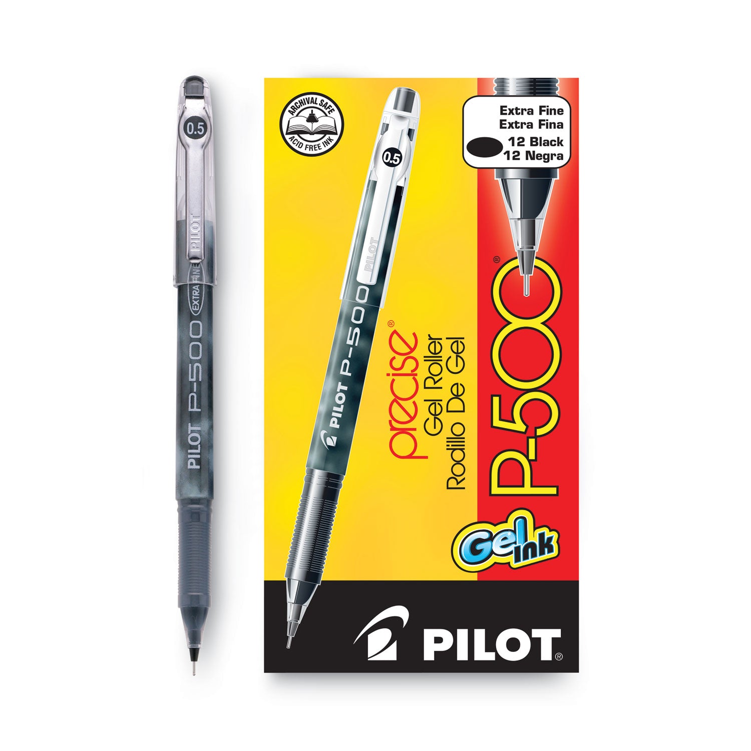 Pilot Precise P-500 Precision Point Extra-Fine Capped Gel Rolling Ball Pens - 0.5 mm Extra Fine Needle Pen Point - Black Ink - Gel-based - Black Barrel - 1 Dozen