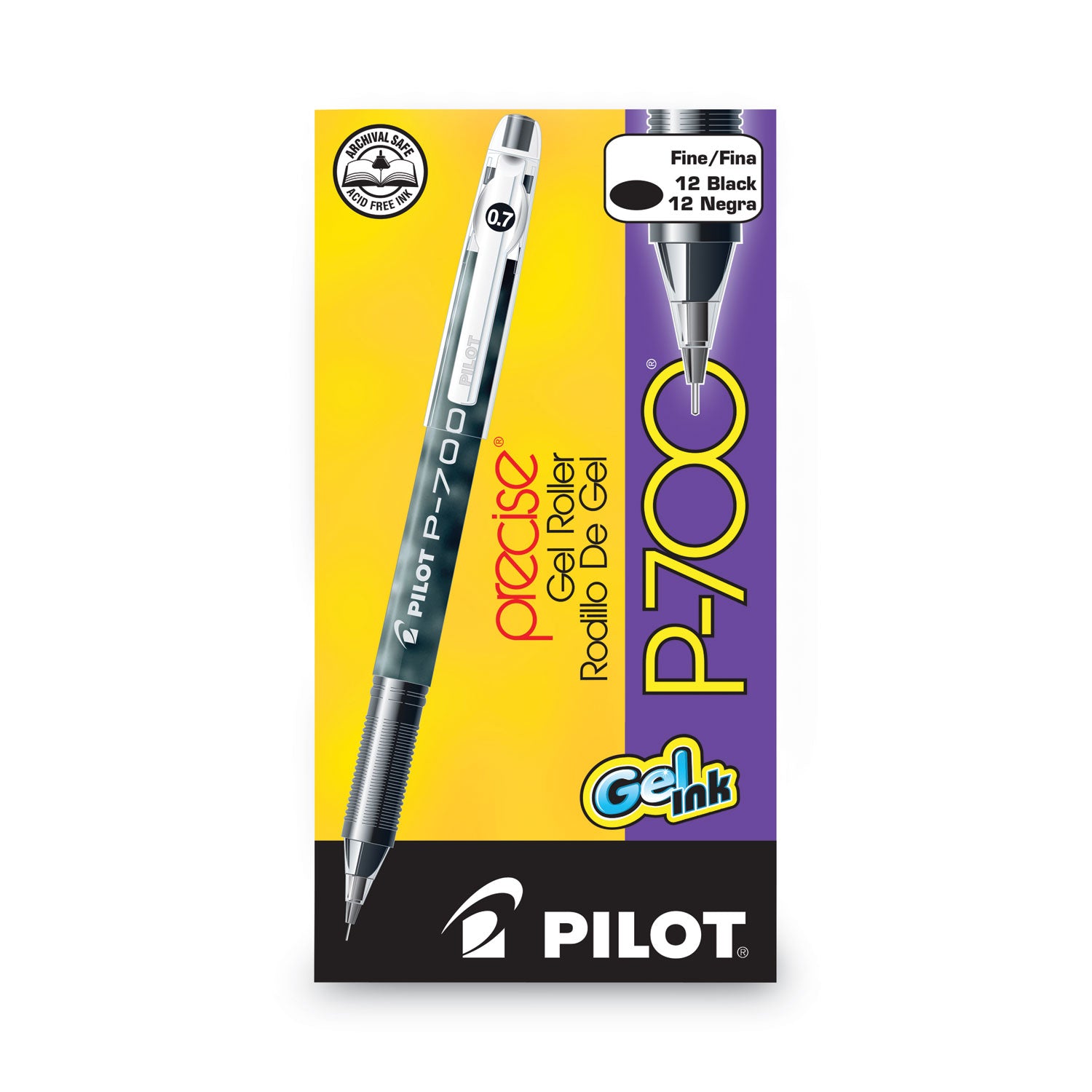 Pilot Precise P-700 Precision Point Fine Capped Gel Rolling Ball Pens - 0.7 mm Fine Pen Point - Black Ink - Gel-based - Black Barrel - 1 Dozen