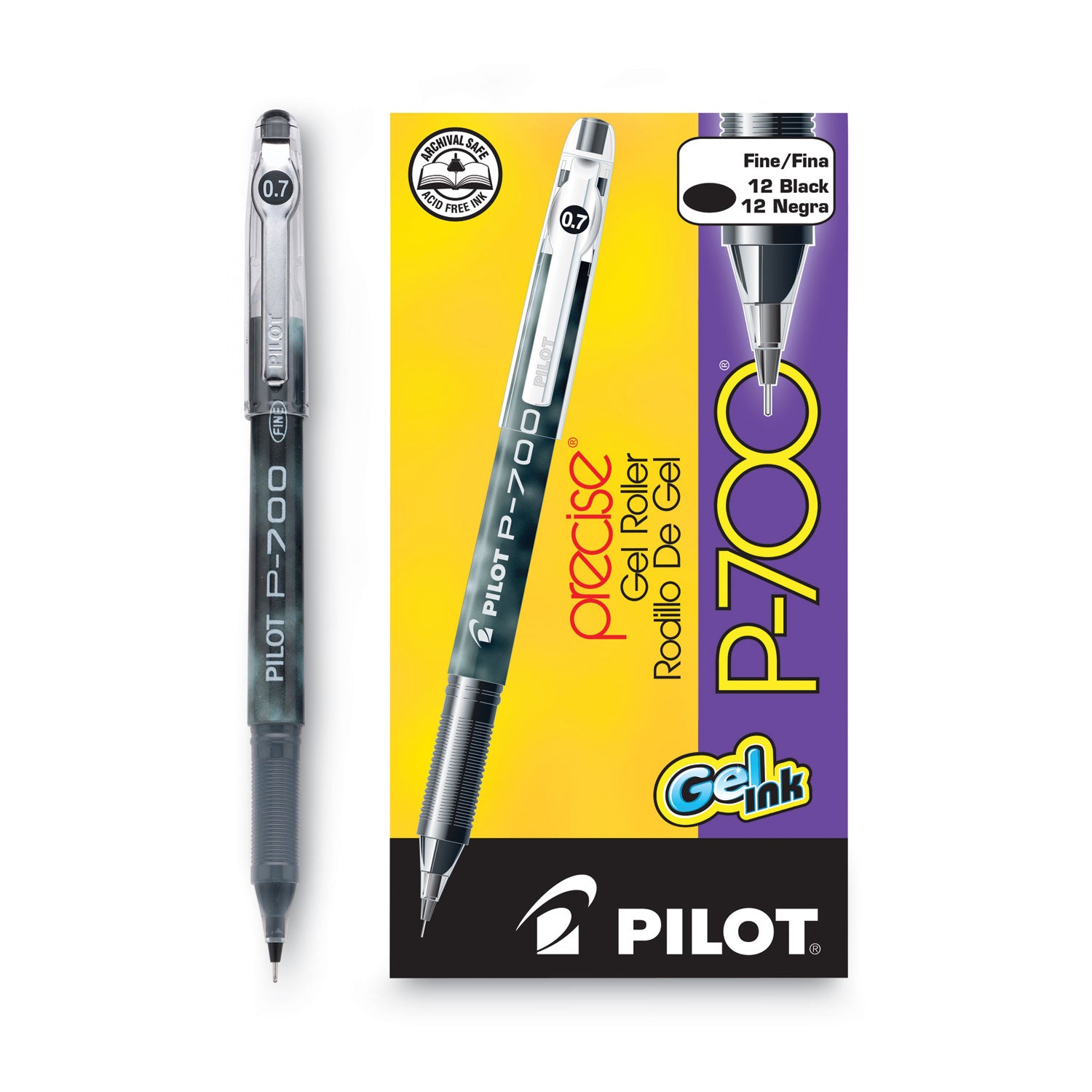 Pilot Precise P-700 Precision Point Fine Capped Gel Rolling Ball Pens - 0.7 mm Fine Pen Point - Black Ink - Gel-based - Black Barrel - 1 Dozen