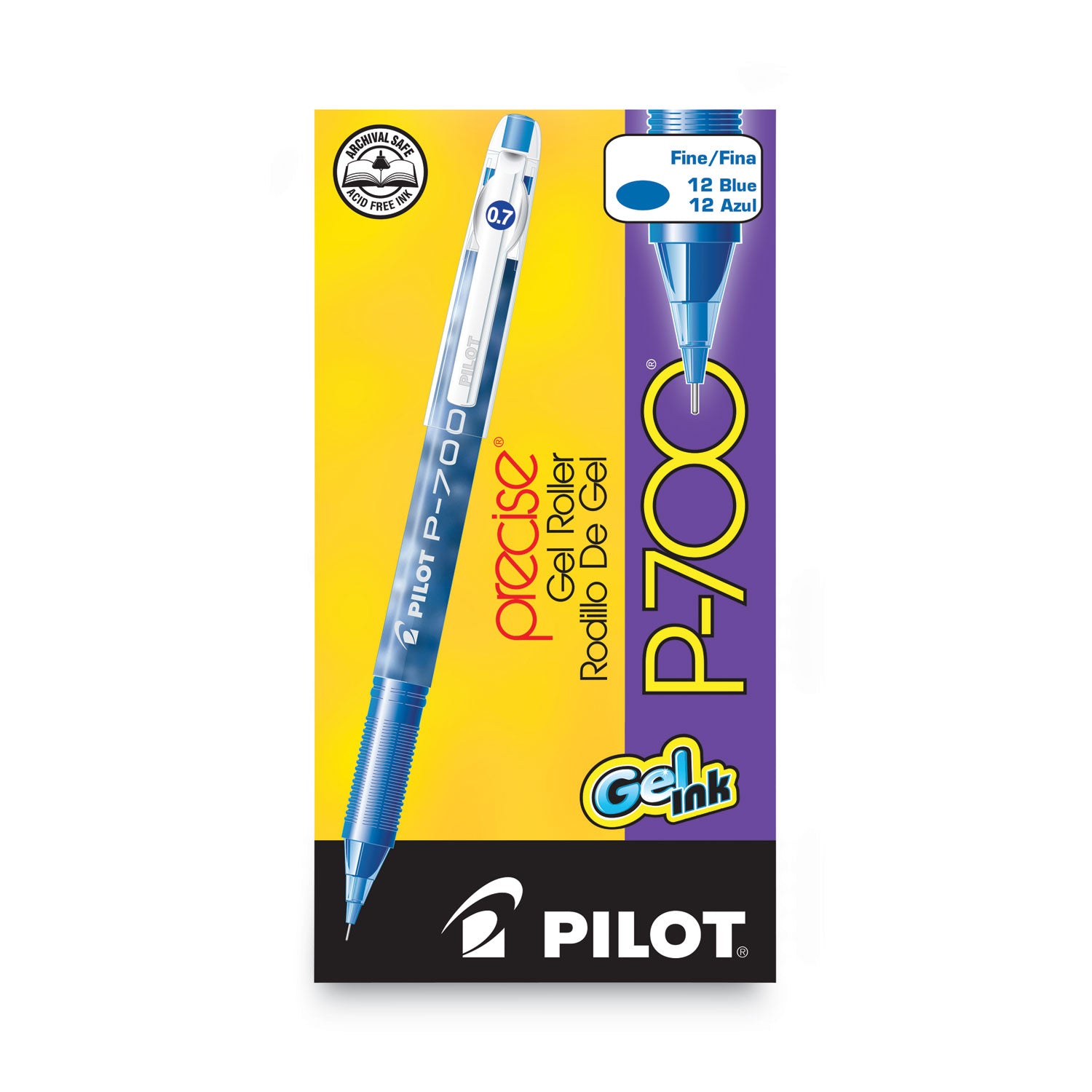 Pilot Precise P-700 Precision Point Fine Capped Gel Rolling Ball Pens - 0.7 mm Fine Pen Point - Blue Ink - Gel-based - Blue Barrel - 1 Dozen