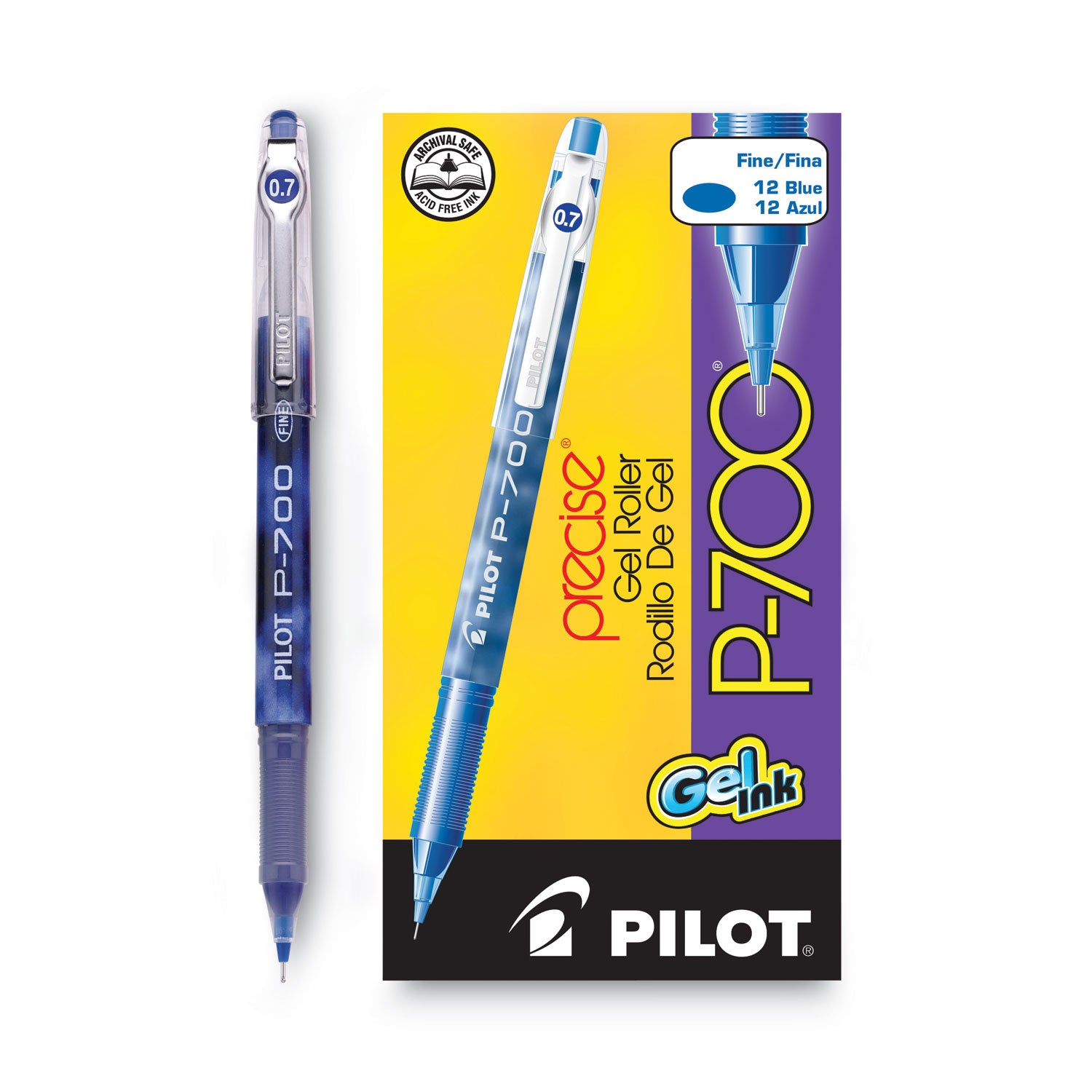 Pilot Precise P-700 Precision Point Fine Capped Gel Rolling Ball Pens - 0.7 mm Fine Pen Point - Blue Ink - Gel-based - Blue Barrel - 1 Dozen