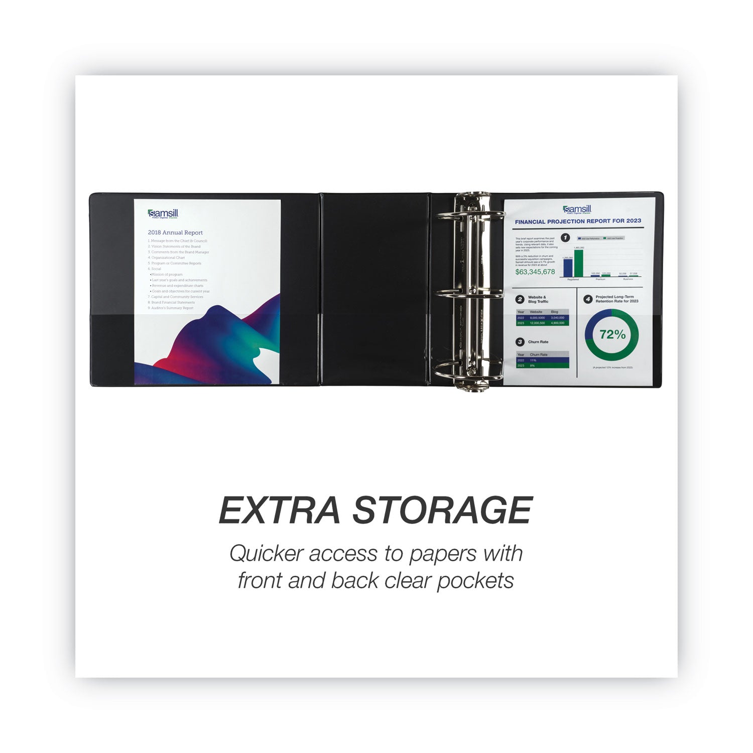 Samsill Durable View Binder, 6" D-Ring, 1225 Sheet Capacity, Letter Size, 2 Internal Pockets, Black, 1 Each