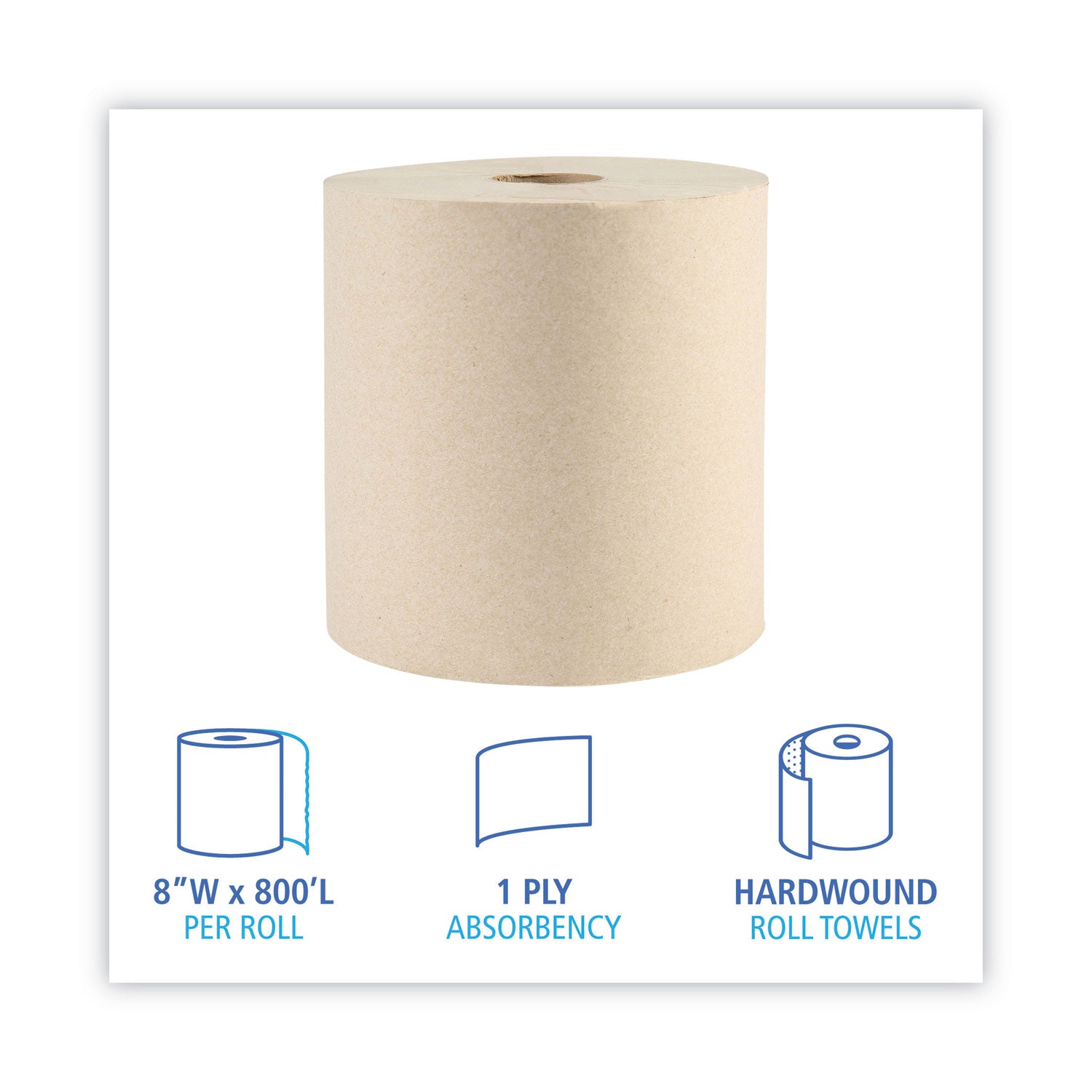 Boardwalk Green Xtra Roll Towels, 1-Ply, 8" x 800 ft, Natural, 6 Rolls/Carton