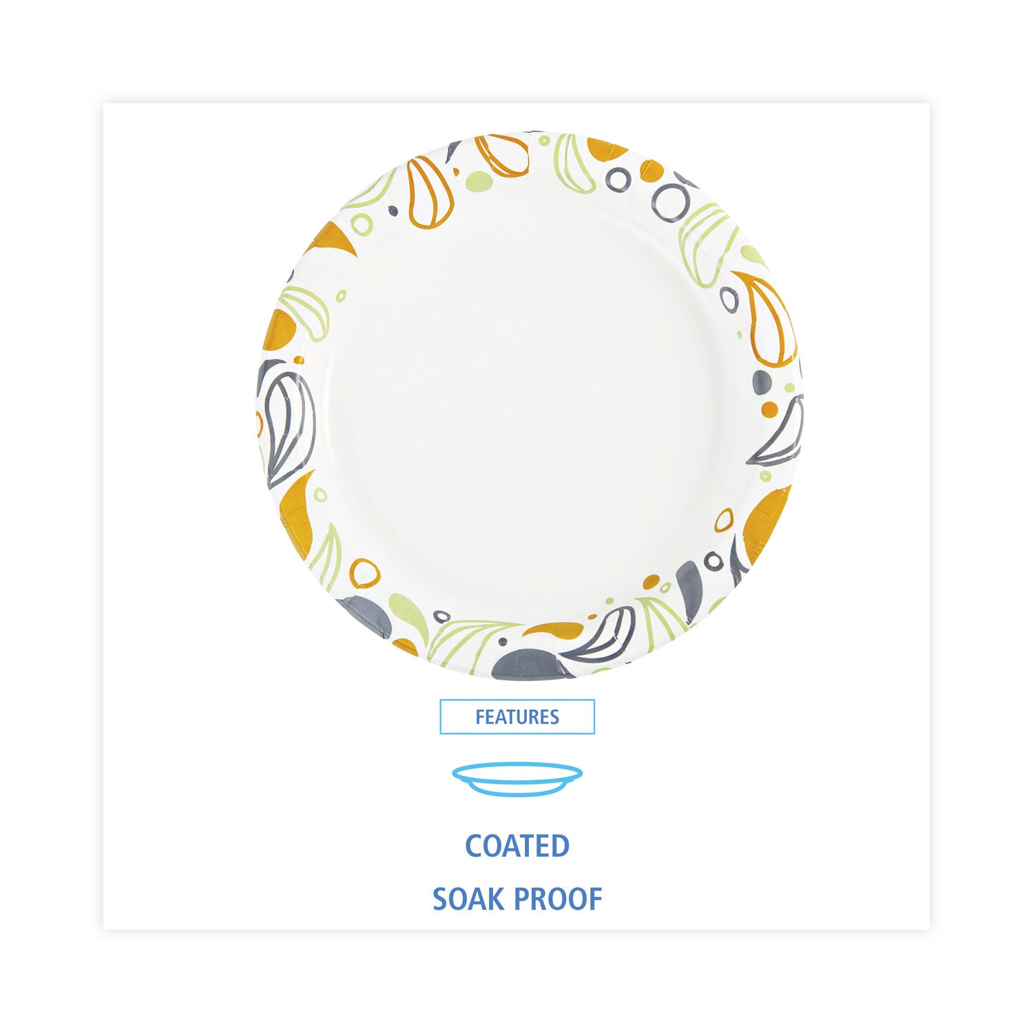 Deerfield Printed Paper Plates, 9" dia, Coated/Soak Proof, White/Yellow/Green/Purple, 125/Pack, 8 Packs/Carton