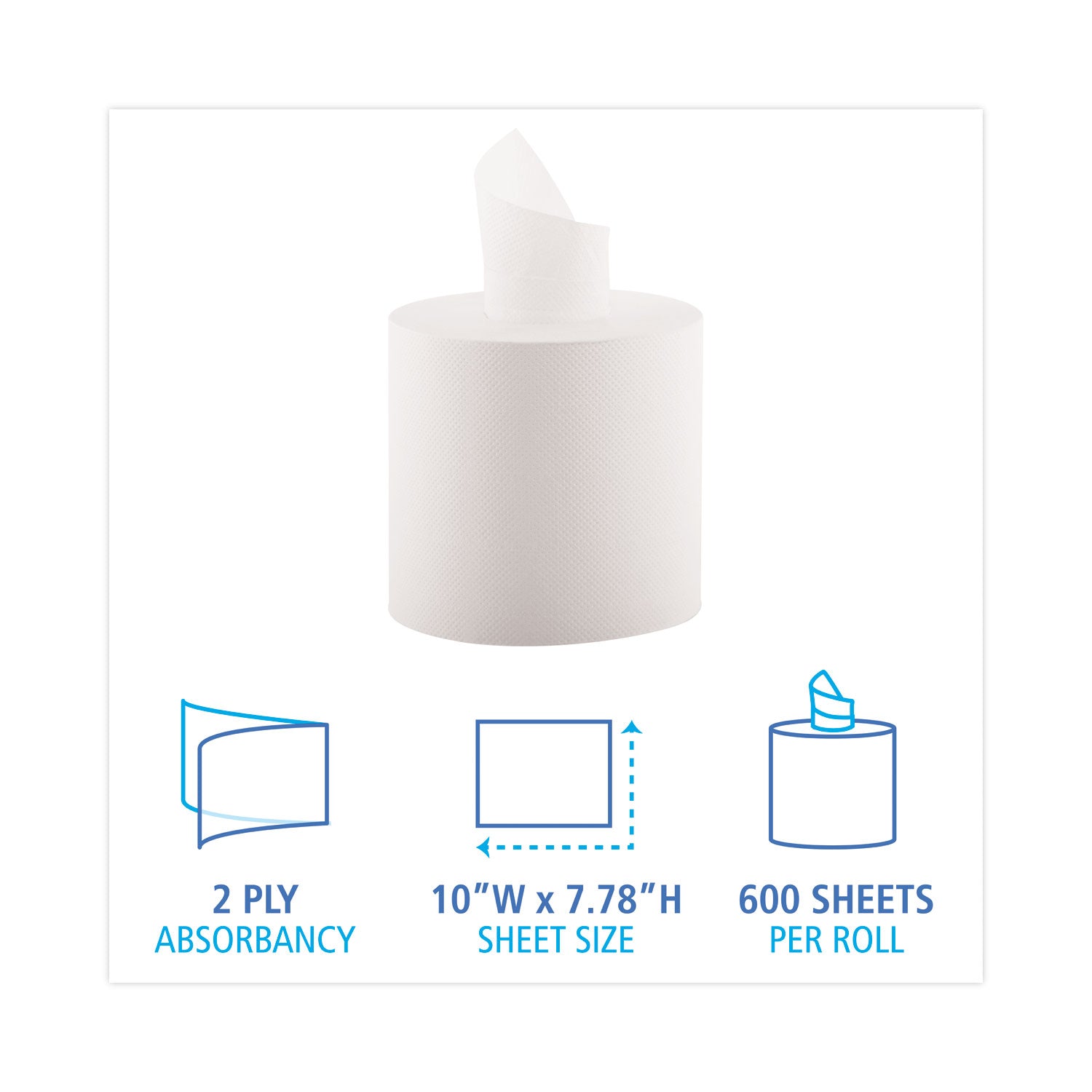 Center-Pull Hand Towels, 2-Ply, Perforated, 7.5 x 9, White, 600/Roll, 6 Rolls/Carton