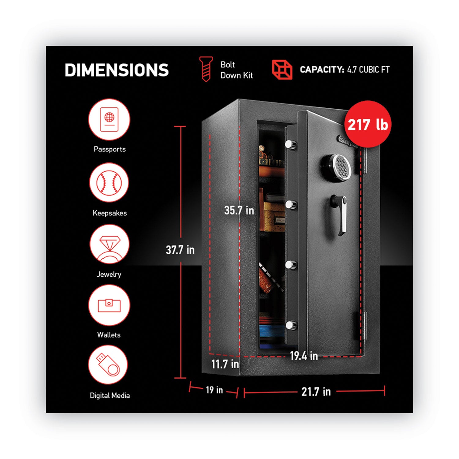 4.70 ft³ - Programmable, Electronic, Combination Lock - Water Resistant, Fire Resistant - Internal Size 35.72" Height x 19.37" Width x 11.73" Depth - Overall Size 37.7" Height x 21.7" Width x 19" Depth