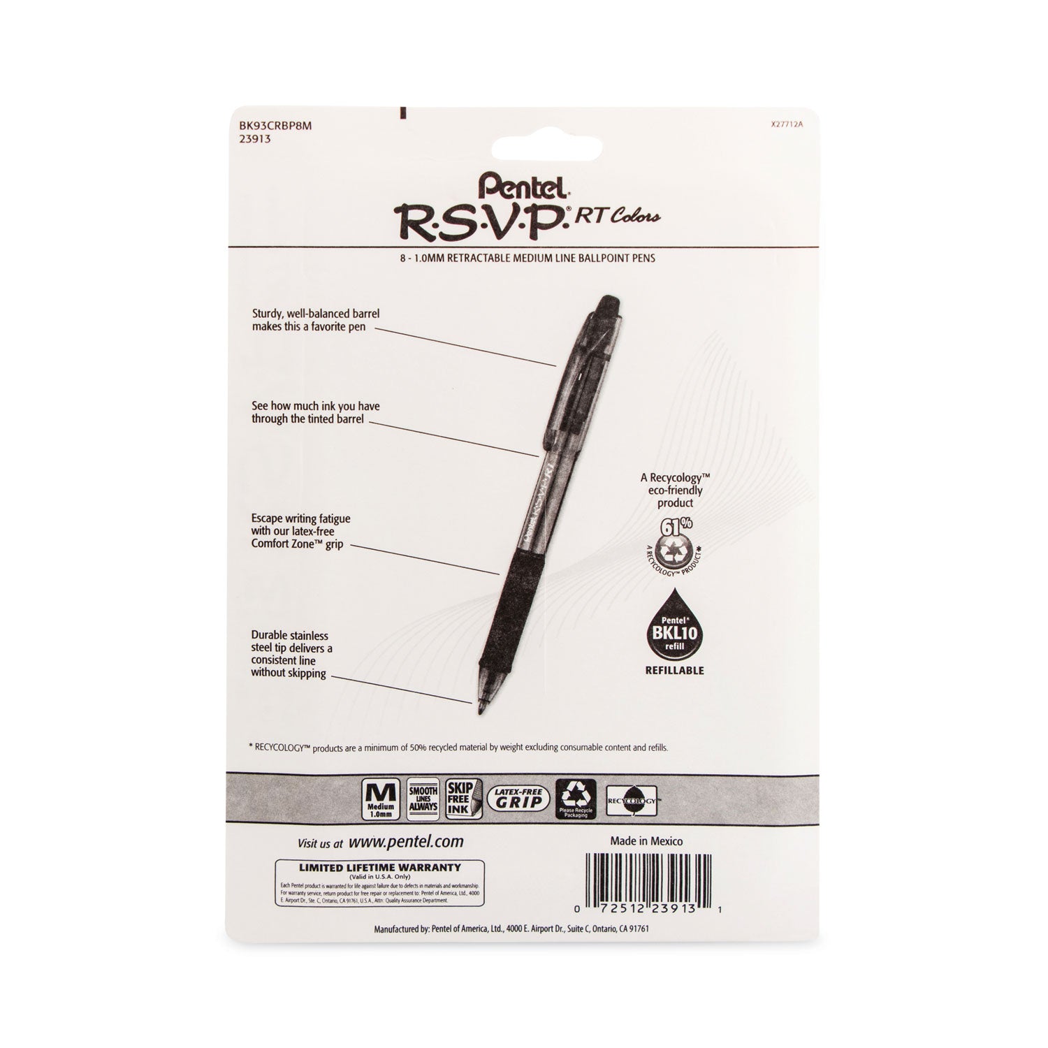 1 mm Medium Pen Point - Refillable - Retractable - Assorted Ink - Assorted Barrel - Metal, Stainless Steel Tip - 1 Pack