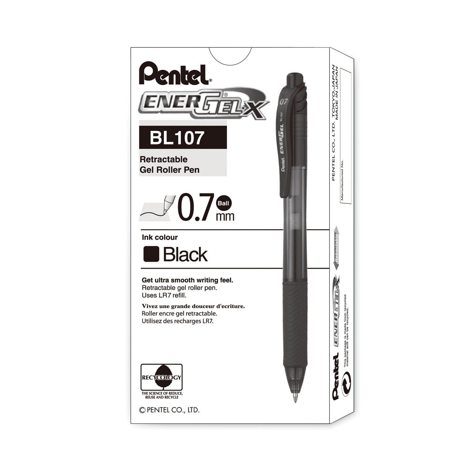 Pentel EnerGel-X Rollerball Pen - 0.7 mm Medium Pen Point - Refillable - Retractable - Black Ink - Gel-based - Black Barrel - Metal Tip - 1 Dozen
